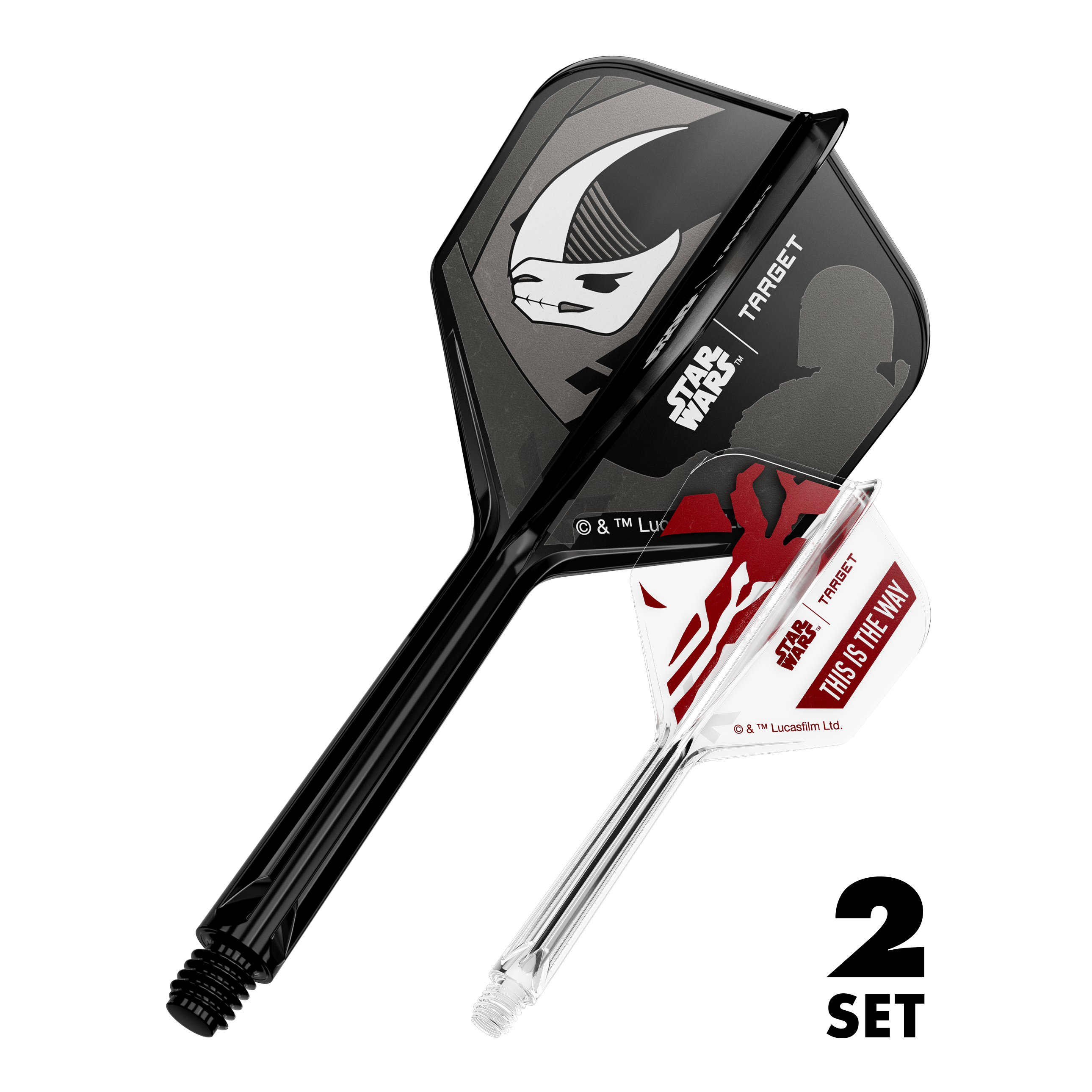 Target Star Wars K-Flex Set Mandalorian No6 Flights Das Bild zeigt den Artikel '410625_Target_StarWars_K-Flex_Mandalorian_2PackSet_No6_Flights_33mm_1'. Es handelt sich wahrscheinlich um Dart-Flights mit Star Wars Mandalorian Motiv.