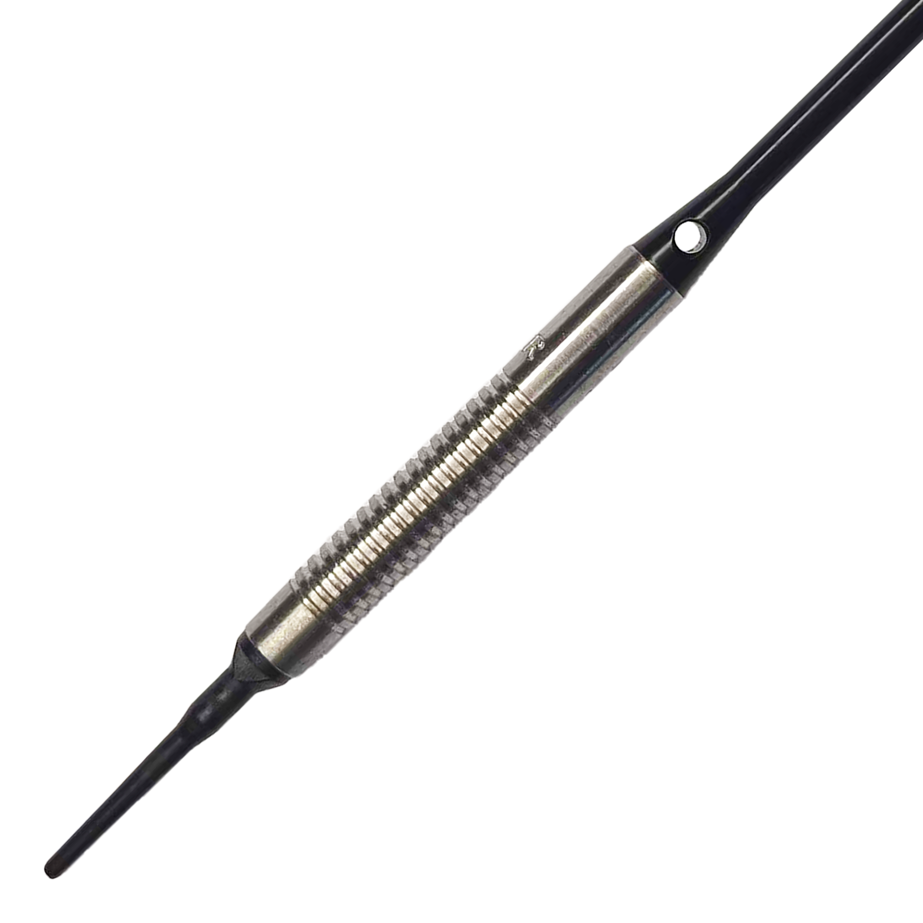 McDart 85 Tungsten V8 Soft Darts - 18.5g Das Bild zeigt einen McDart 85er Tungsten V8 Softdart mit einem Gewicht von 18,5 Gramm. Der Dart besteht aus silberfarbenem Metall mit einer geriffelten Griffzone und einer schwarzen Spitze.