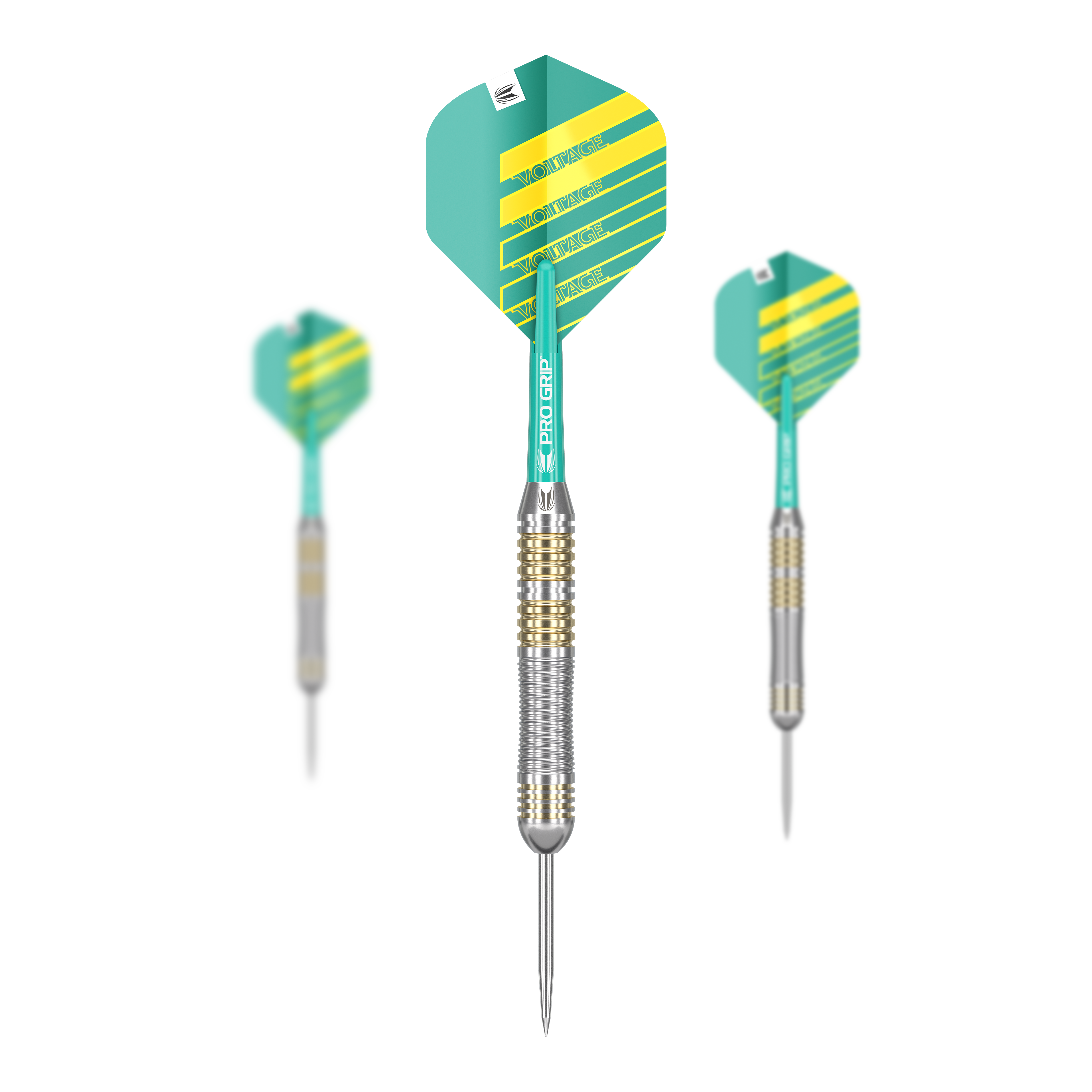 Target Rob Cross Brass Steel Darts - 22g Das Bild zeigt drei Target Rob Cross Brass Steeldarts mit einem Gewicht von 22g. Die Darts haben gelb-grüne Flights und einen silber-goldenen Barrel.