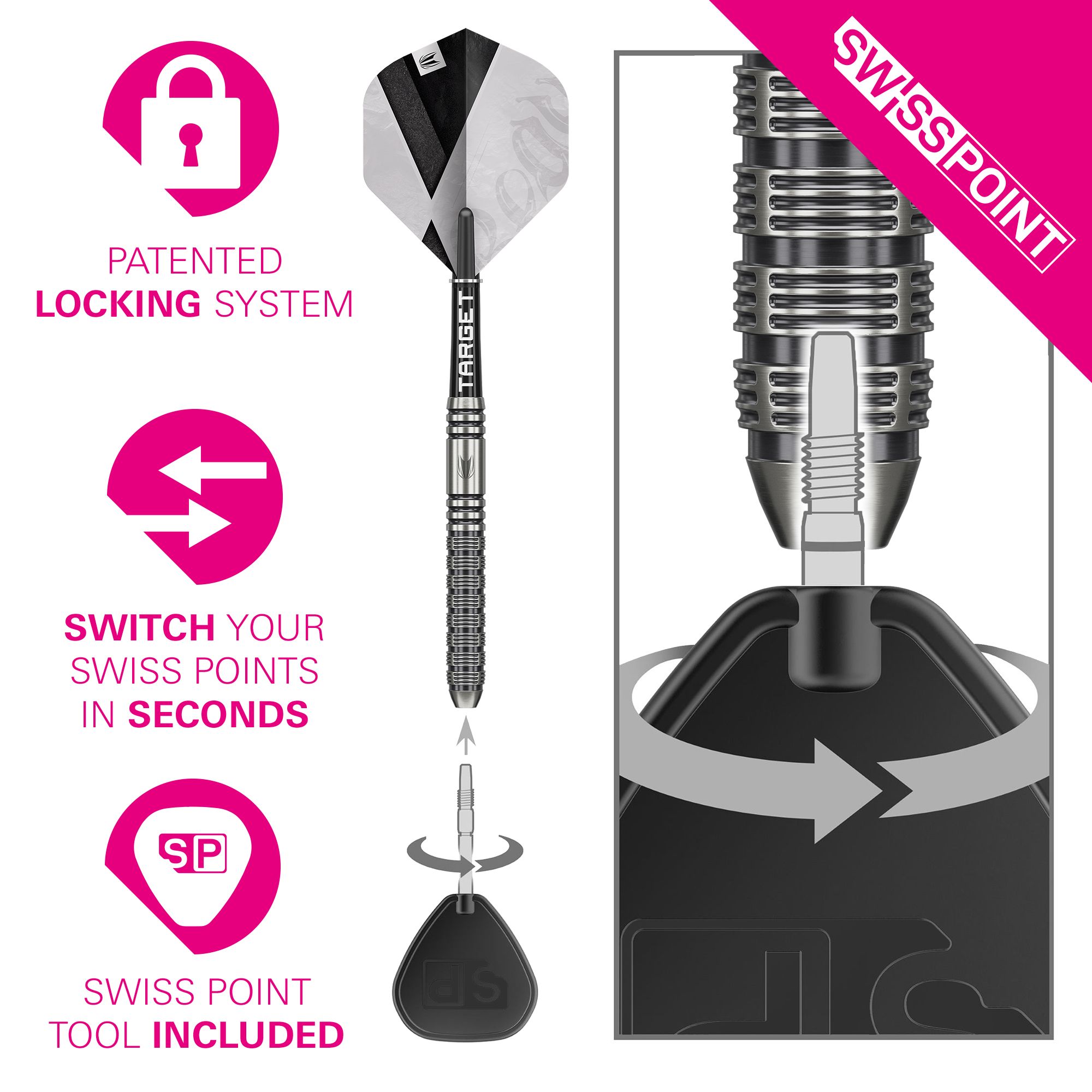 Target Beau Greaves GEN1 Swiss Point Steel Darts Auf dem Bild sind die Target Beau Greaves GEN1 Swiss Point Steeldarts zu sehen. Sie zeigen eine Nahaufnahme des Griffbereichs und der Spitzen.