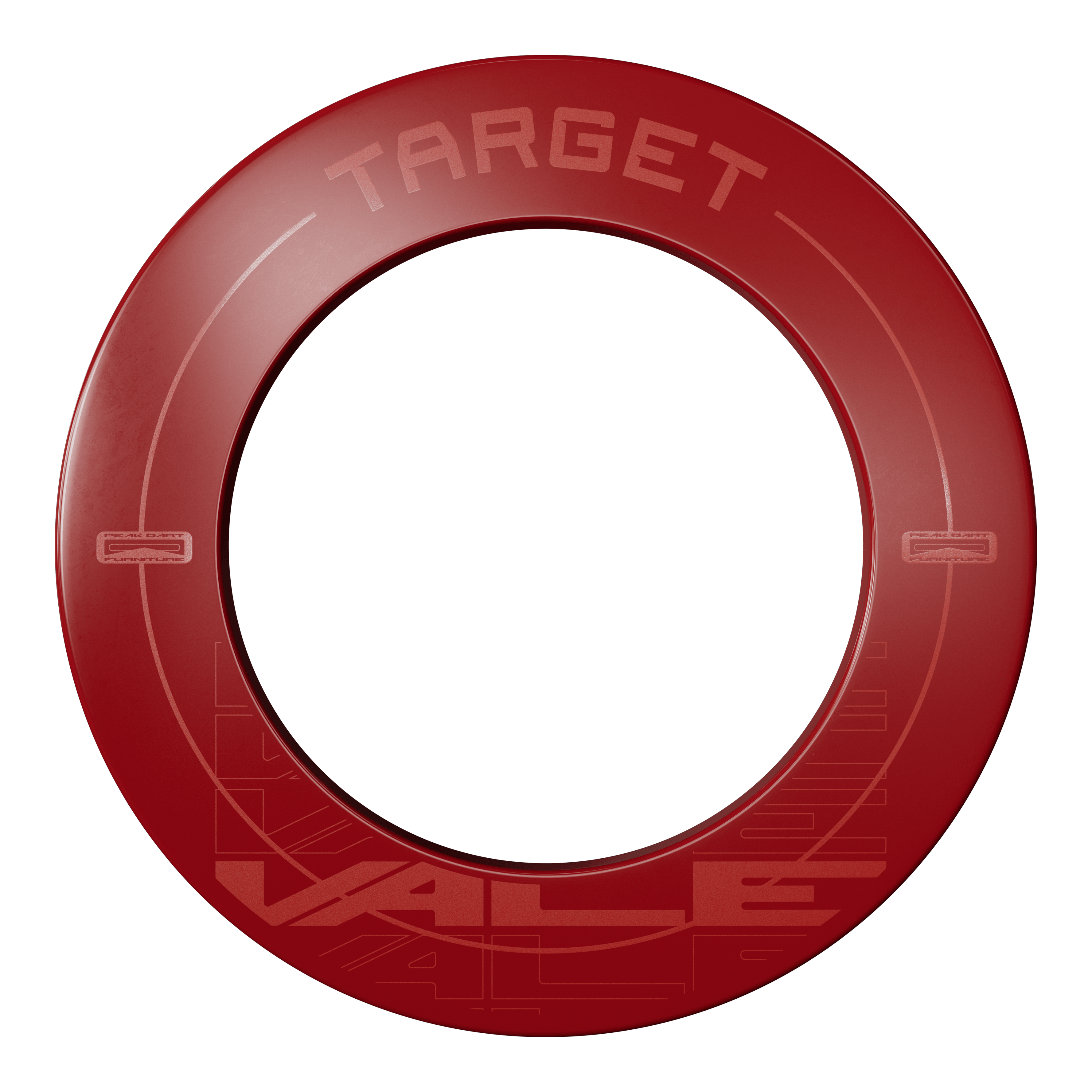 Target VALE Dartboard Surround Das Bild zeigt einen roten Dartboard-Surround mit der Aufschrift "TARGET VALE". Der Surround ist rund und schützt die Wand rund um die Dartscheibe.