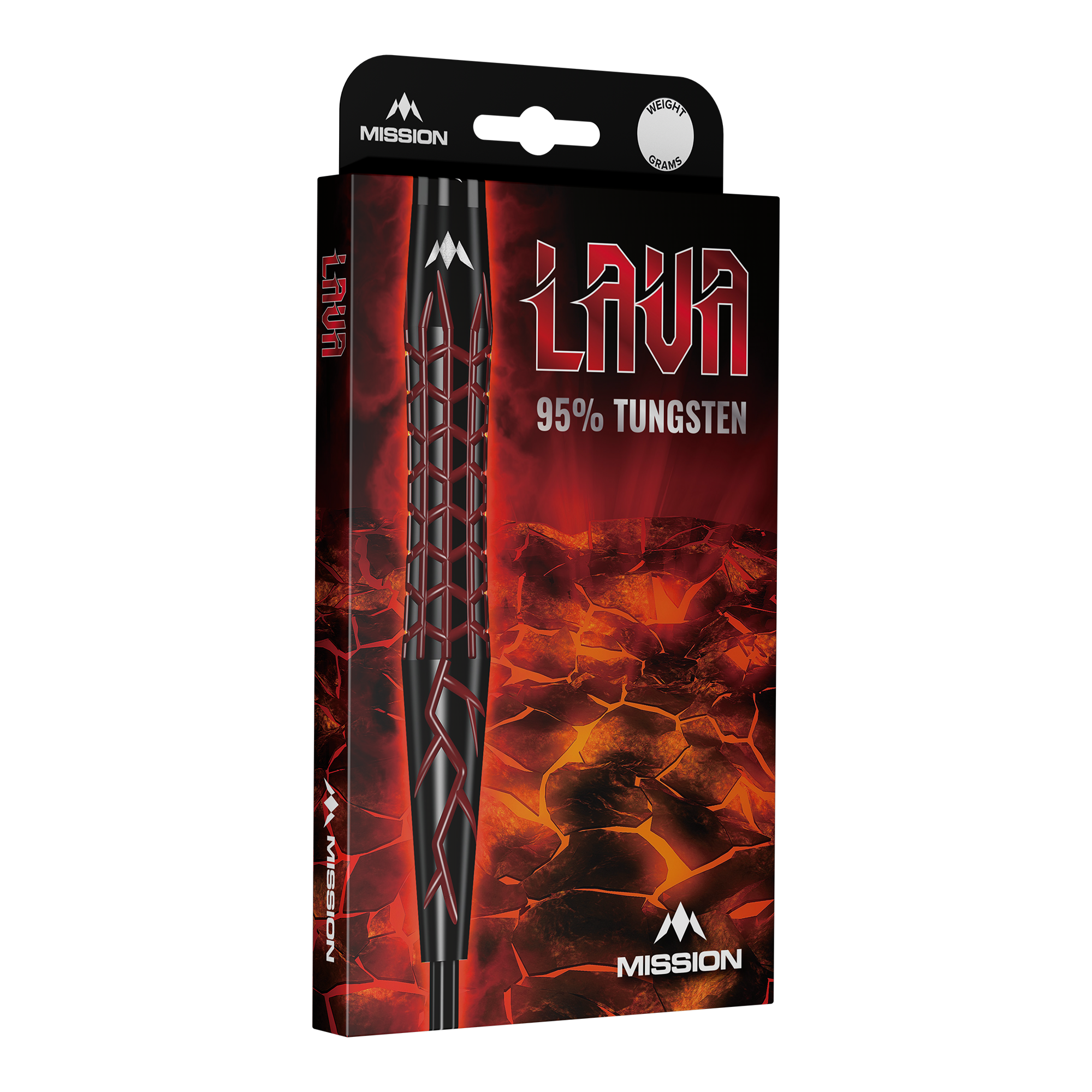 Mission Lava Steeldarts Die Abbildung zeigt die Verpackung der Mission Lava Steeldarts. Auf der Schachtel steht "Lava 95% Tungsten" vor einem feurigen Lava-Hintergrund.
