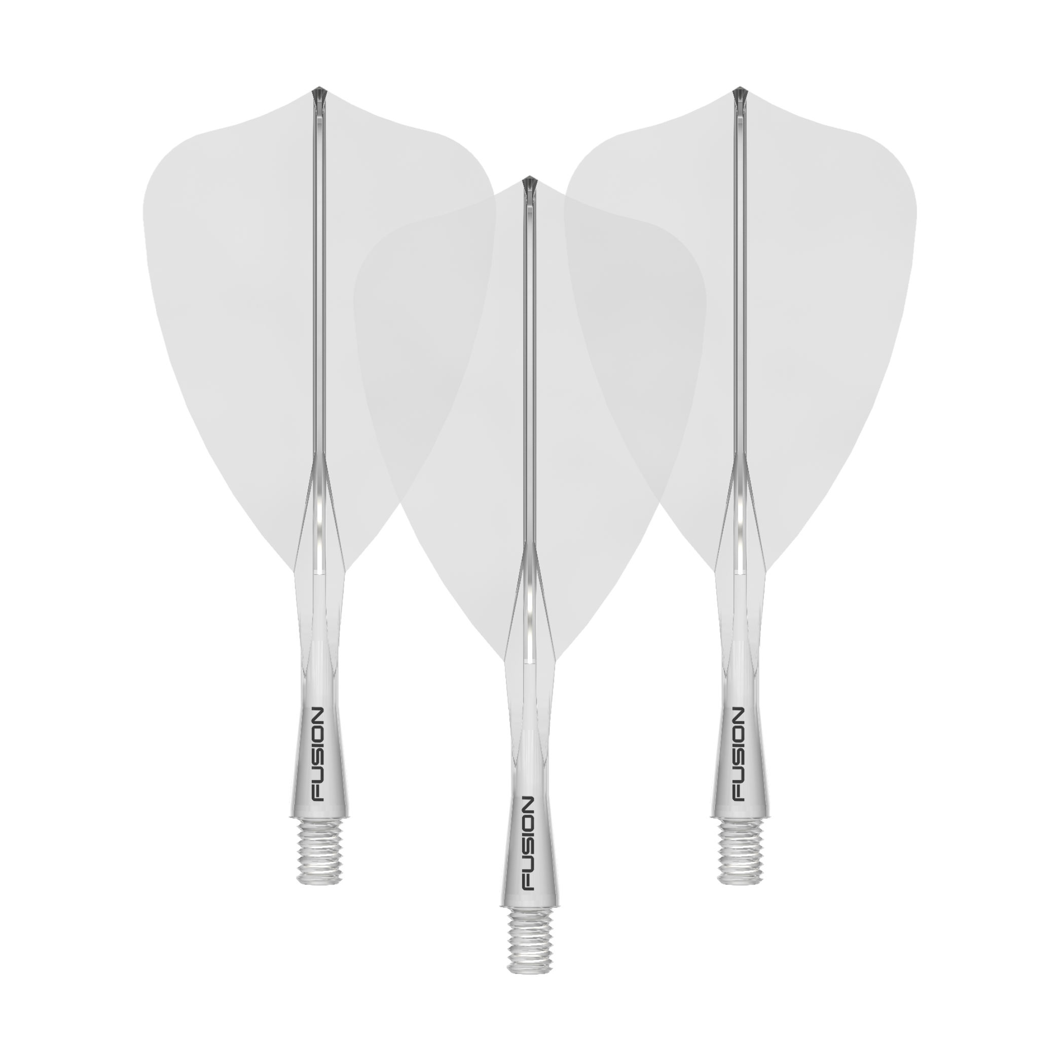 Winmau Fusion Flight Shaft System Arrow Clear Das Bild zeigt ein Winmau Fusion Flight Shaft System Arrow, klar und 22mm lang. Es handelt sich um ein Set von Schäften für Dartpfeile.