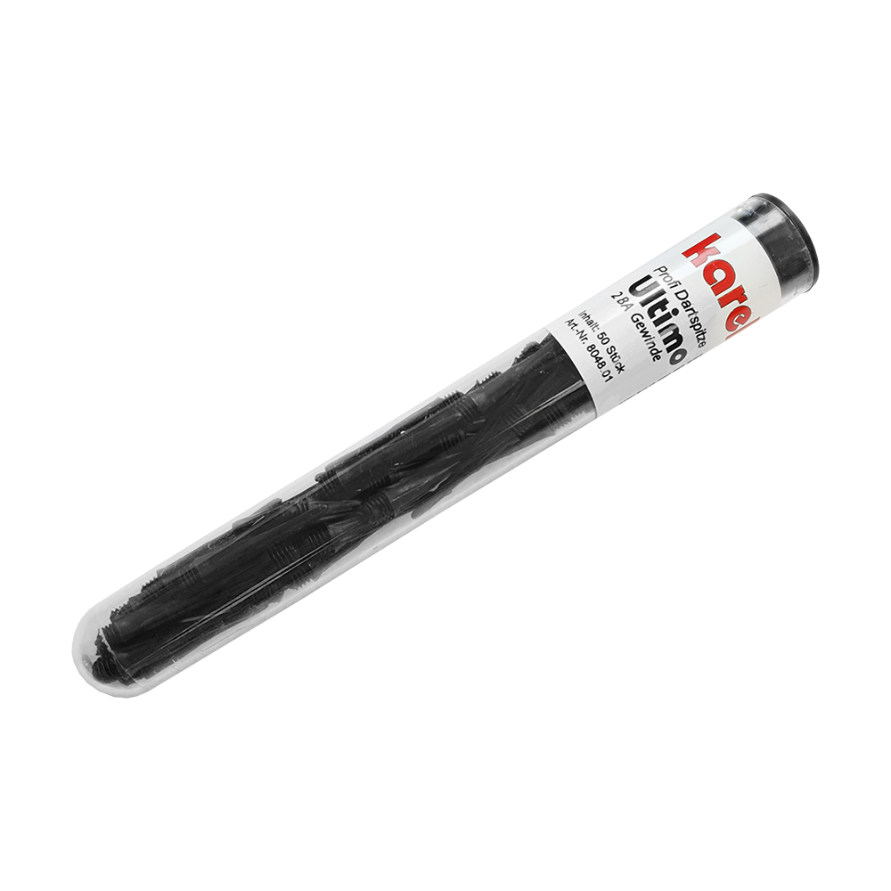 804801_Karella_Ultimo_Softdartspitzen_50Stk_im_Spitzenr-hrchen_Schwarz_2 Das Bild zeigt eine durchsichtige Röhre mit 50 schwarzen Softdartspitzen der Marke Karella Ultimo. Die Spitzen sind ordentlich im Röhrchen verpackt und das Etikett ist gut lesbar.