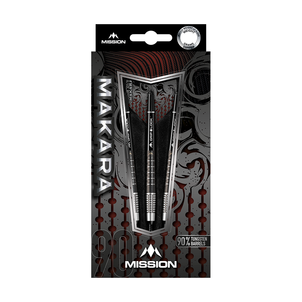 Mission Makara M2 soft darts - 20g Das Bild zeigt die Verpackung der Mission Makara M2 Softdarts mit einem Gewicht von 20g. Die Darts bestehen zu 90 % aus Tungsten und sind ansprechend gestaltet.