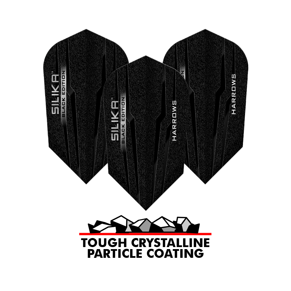Harrows Silika Black Edition Slim Flights Auf dem Bild sind die Harrows Silika Black-Edition Slim Flights zu sehen. Unten steht der Text „TOUGH CRYSTALLINE PARTICLE COATING“ mit einer Grafik von Kristallen darüber.
