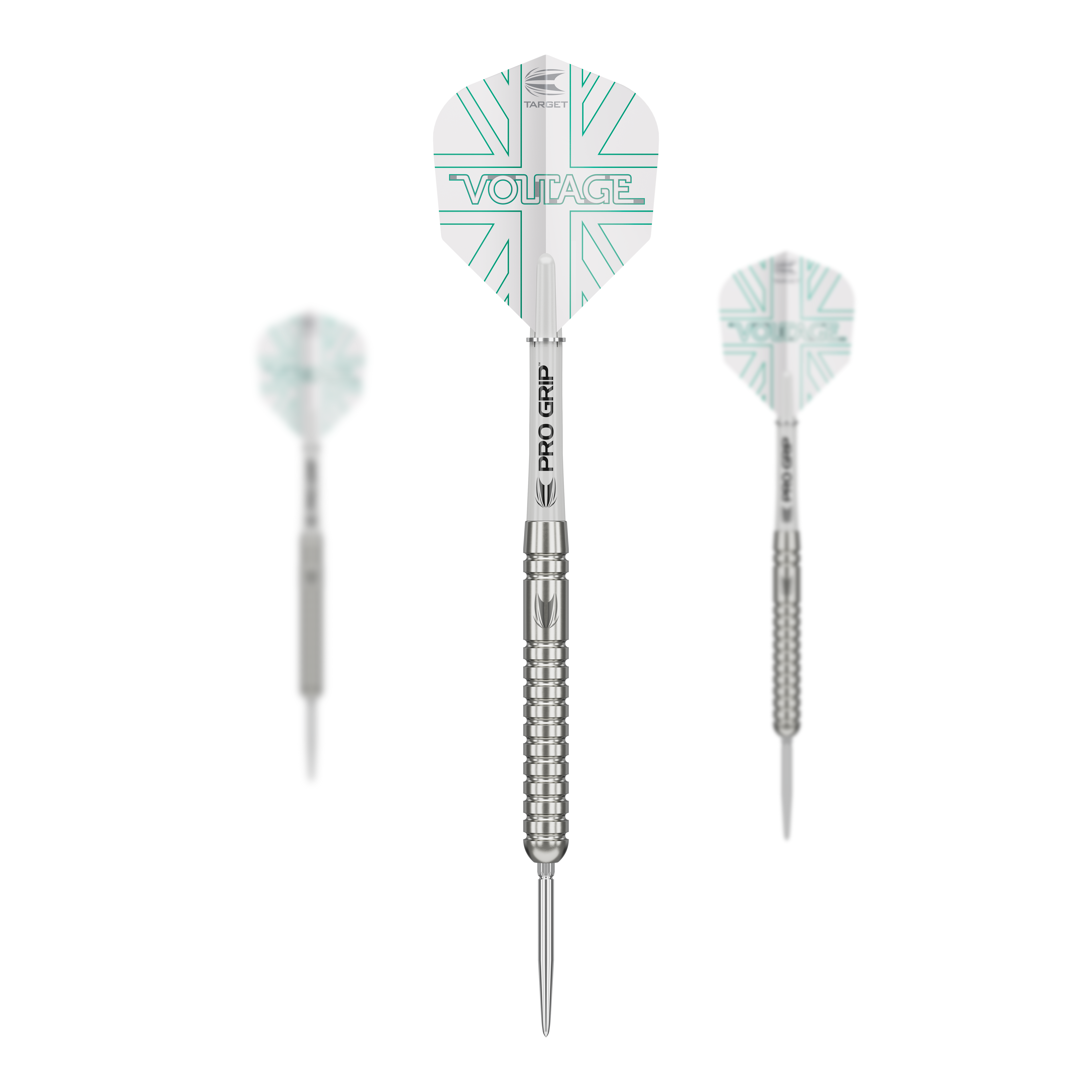 Target Rob Cross Voltage Swiss Point Steel Darts Das Bild zeigt drei Steeldarts der Marke "Target Rob Cross Voltage Swiss Point". Die Darts haben silberne Spitzen und Schäfte sowie weiße Flights mit türkisen Linien und der Aufschrift "VOLTAGE".