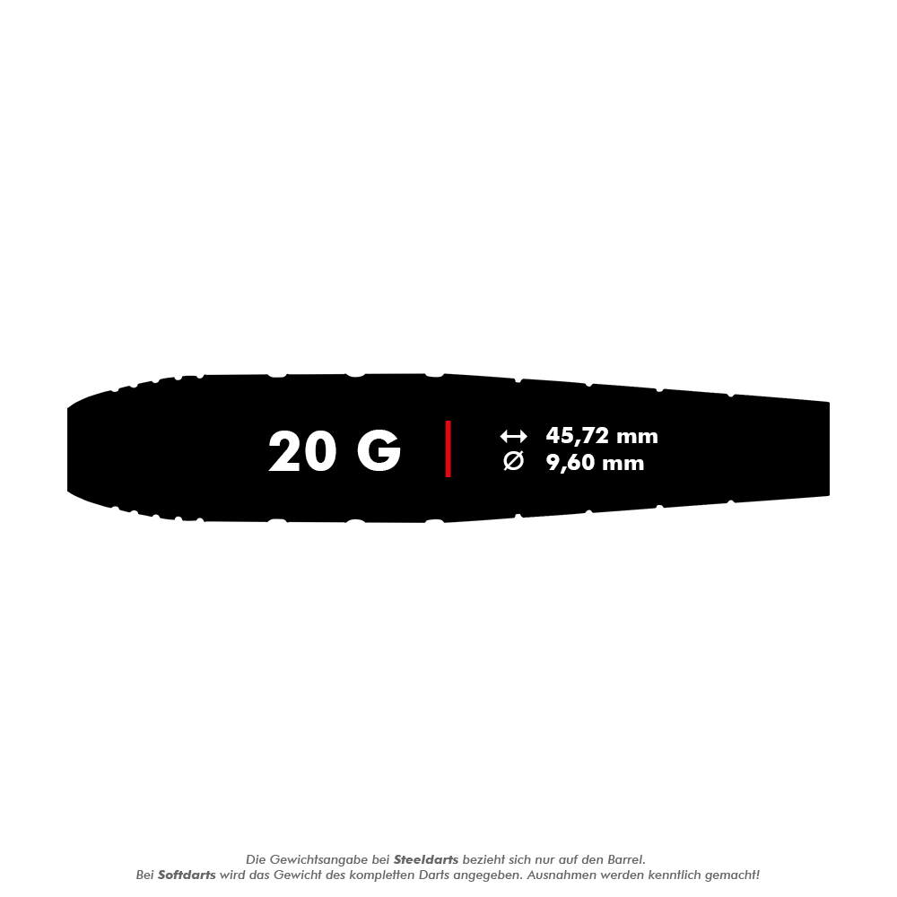 Red Dragon Luke Humphries World Champion Brass Softdarts - 20g Das Bild zeigt die Maße und das Gewicht des Produkts "Red Dragon Luke Humphries World Champion Brass Softdarts - 20g". Der Dart wiegt 20 Gramm, ist 45,72 mm lang und hat einen Durchmesser von 9,60 mm.
