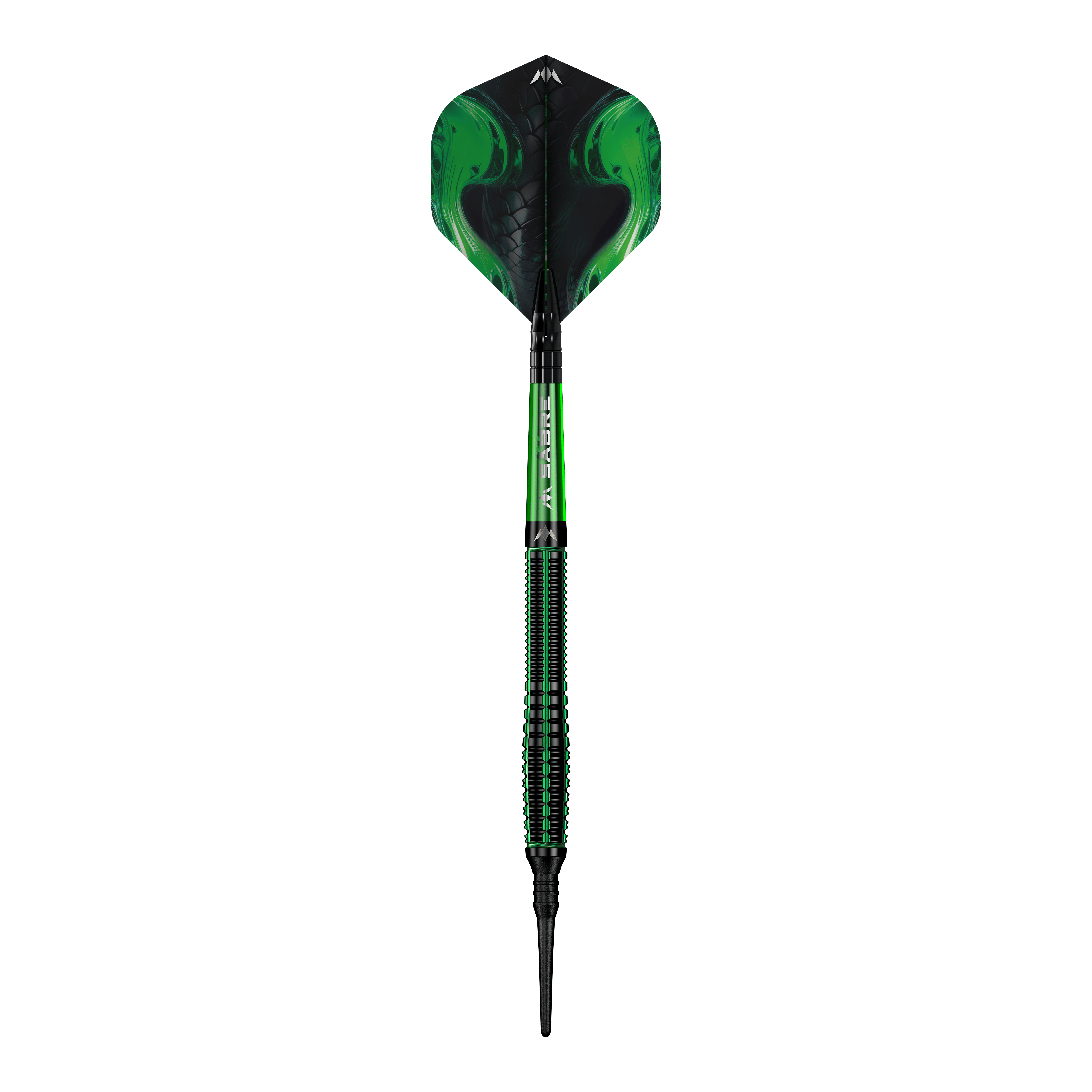 Mission Venom Softdarts - 20g Das Bild zeigt einen Softdart namens "Mission Venom Softdarts - 20g". Der Dart ist überwiegend schwarz und grün gestaltet und hat ein auffälliges, modernes Design.