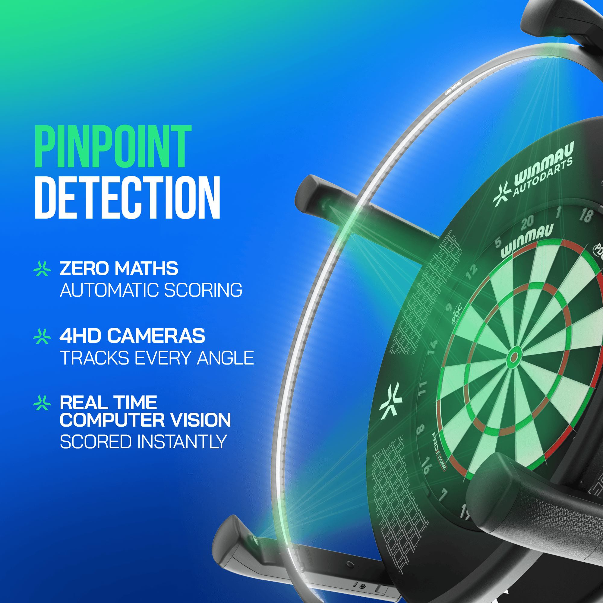 Winmau Autodarts X autoscoring system Abgebildet ist das Winmau Autodarts X Autoscoring-System. Das System nutzt innovative Technik zur automatischen Punkteermittlung im Darts.