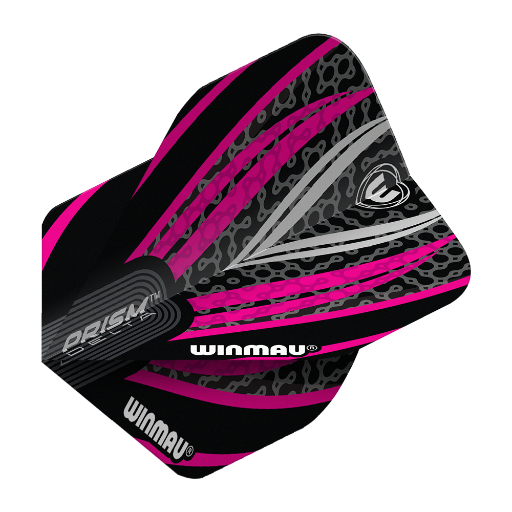 Winmau Prism Delta Black White Pink No. 2 Standard Flights Das Bild zeigt ein Winmau Prism Delta No2 Standard Dartflight in den Farben Schwarz, Weiß und Pink. Das Flight hat ein auffälliges, modernes Design mit grafischen Mustern und dem Winmau-Logo.