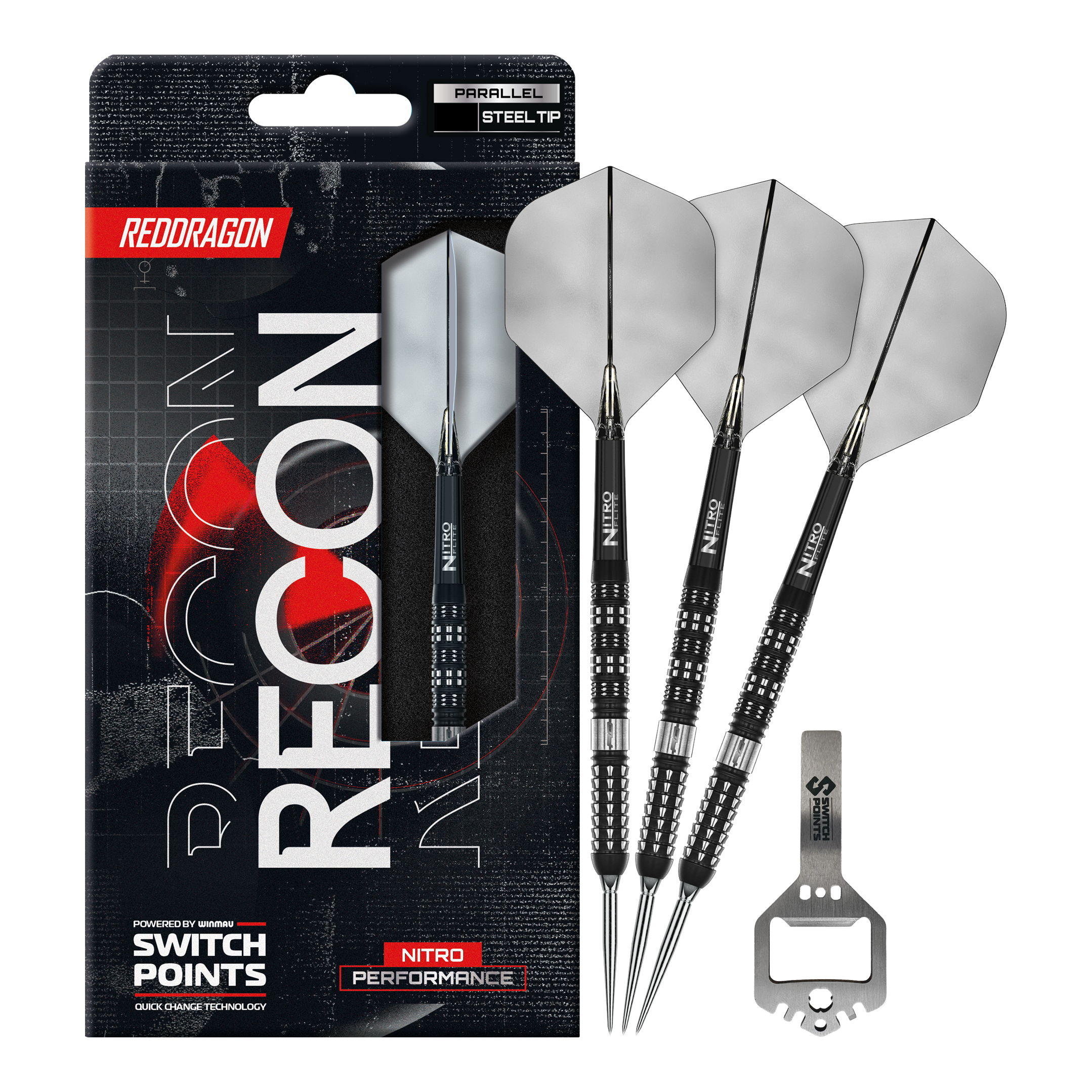 Das Bild zeigt die Red Dragon Recon Parallel Steeldarts in voller Länge. Die Steeldarts haben ein modernes Design.