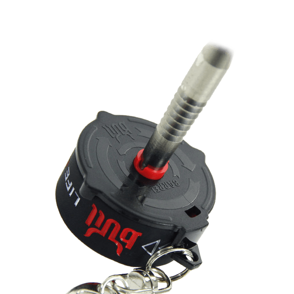 LSF18_L-Style_Bull_Spitzen-und-Shaftrestentferner_3 Das Bild zeigt den L-Style BULL Spitzen- und Shaftrestentferner. Das Werkzeug ist schwarz mit roten Akzenten und besitzt einen Schlüsselanhänger.