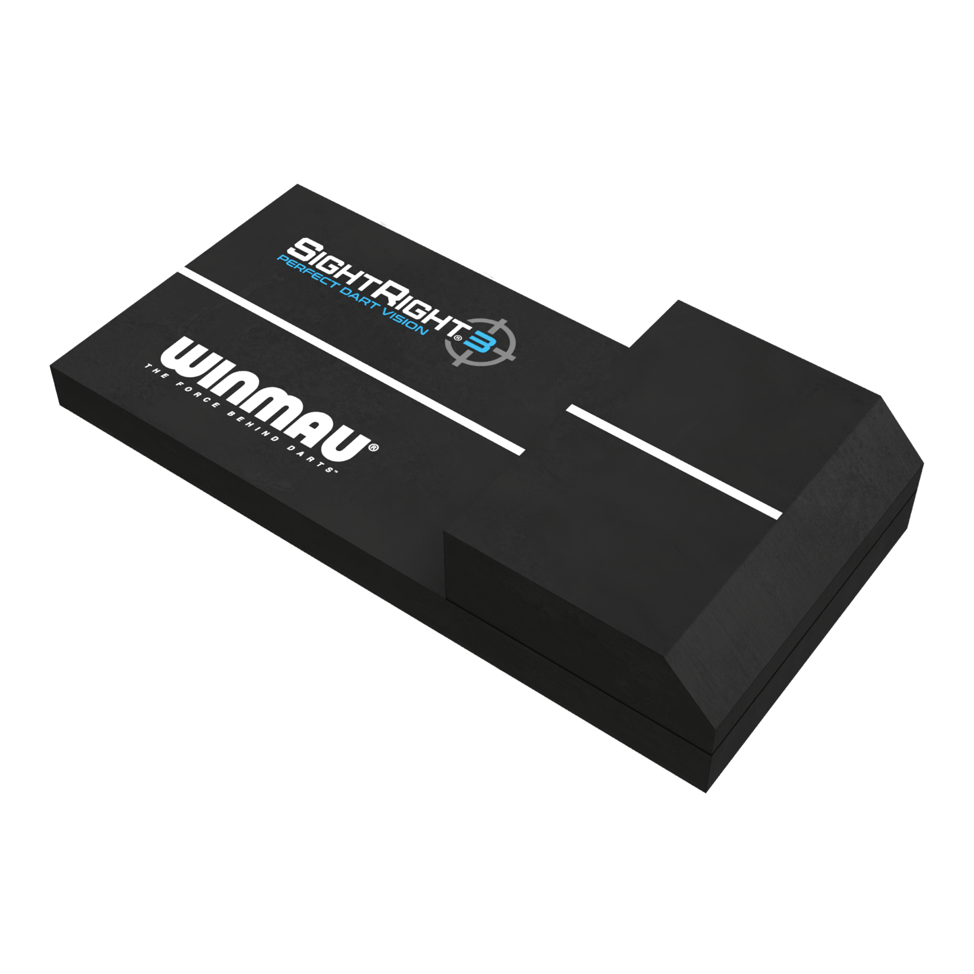 Winmau SightRight 3 - Compact Das Bild zeigt das Produkt "Winmau SightRight 3 - Compact", ein Hilfsmittel für Dartspieler. Es ist schwarz und hat weiße Linien sowie die Aufschriften "Winmau" und "SightRight 3" auf der Oberfläche.