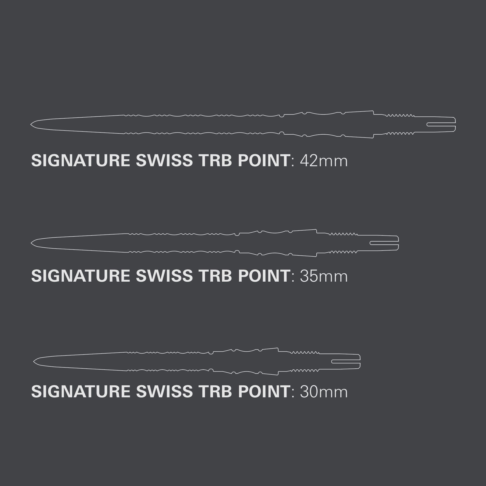 Target Signature Swiss Point TRB Steel Dart Tips - Black Target Signature Swiss Point TRB Steeldartspitzen in Schwarz. Hier sind die Dartspitzen aus einer anderen Perspektive abgebildet.