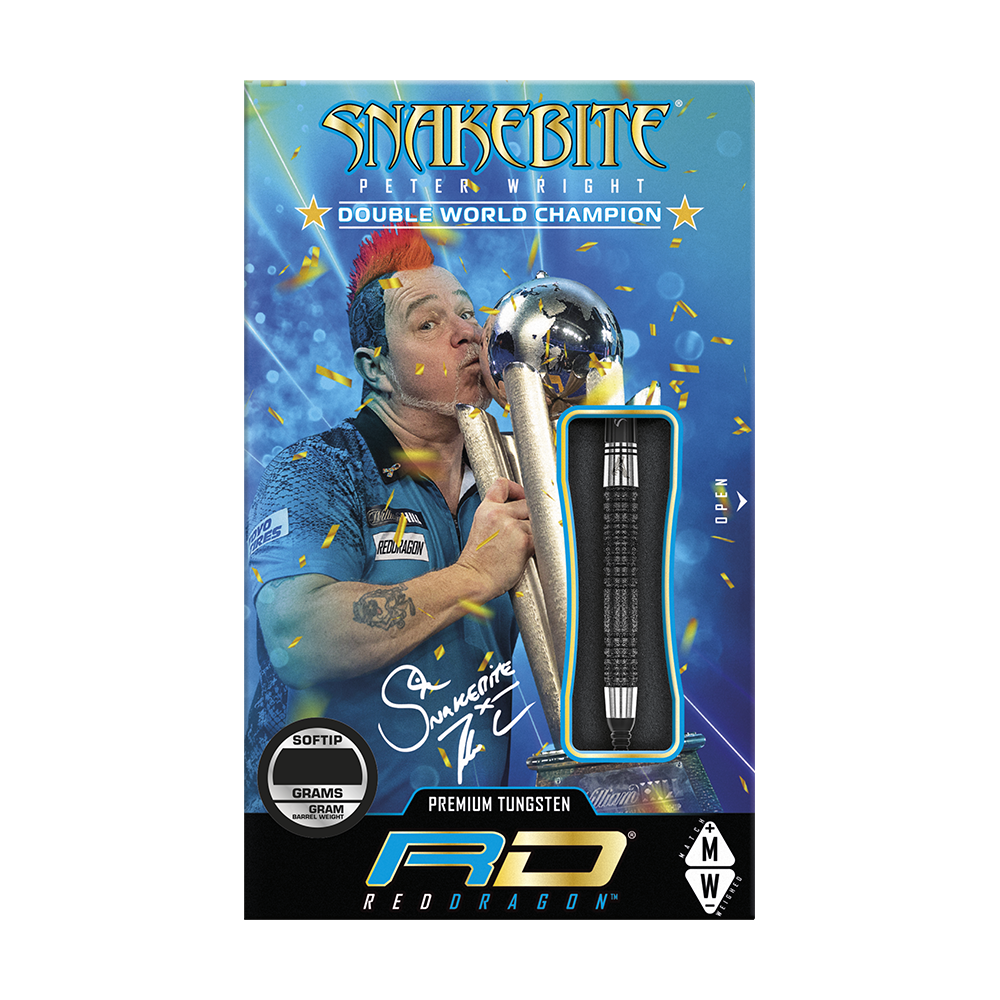 RD2411_Red_Dragon_Peter_Wright_Double_World_Champion_SE_Black_Softdarts_3 Die Verpackung zeigt die "Red Dragon Peter Wright Double World Champion SE Black Softdarts - 20g" mit einem Bild von Peter Wright und seinem Weltmeistertitel. Ein Dartpfeil ist durch ein Sichtfenster sichtbar dargestellt.