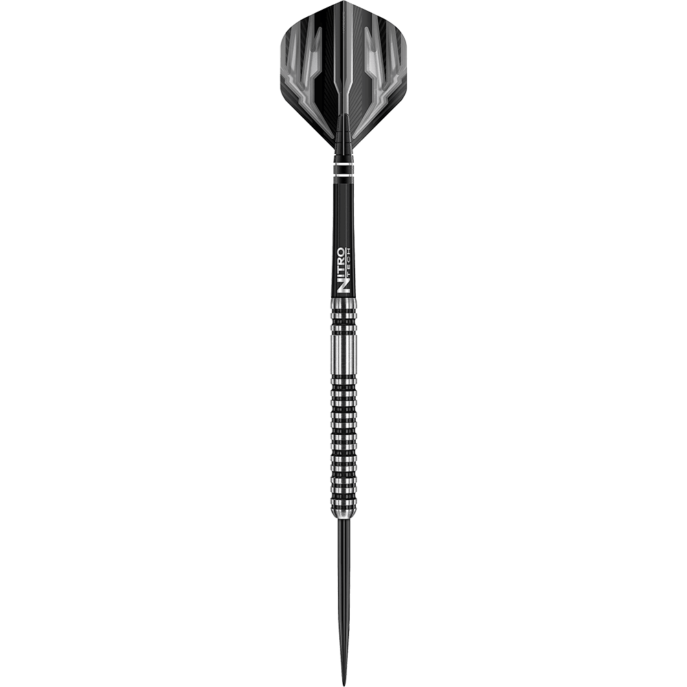 RD1892-RedDragon-Dragonfly-3-Steeldarts-1 Das Bild zeigt einen schwarzen Dartpfeil mit silbernen Rillen. Er hat eine strukturierte Griffzone und einen schwarzen Flight mit dezentem Muster.