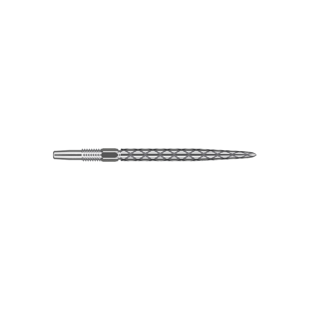 Target Swiss Diamond Pro Silver Points dart tips Das Bild zeigt eine silberne Dartspitze mit einem rautenförmigen Muster. Sie ist lang und schmal gefertigt und hat eine glatte, glänzende Oberfläche.