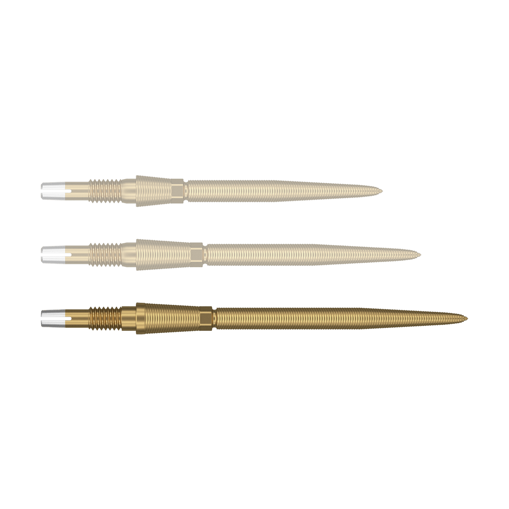 Target Swiss Storm Nano Point Dartspitzen - Gold Auf dem Bild sind drei goldene Dartspitzen nebeneinander zu sehen. Sie haben ein geriffeltes Muster und eine silberne Spitze am Ende.