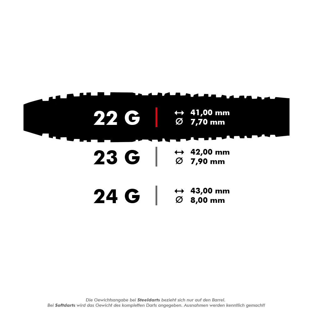 Shot Celt Balor Steeldarts Das Bild zeigt verschiedene Steeldart-Modelle mit unterschiedlichen Gewichten und Maßen. Es werden die Längen und Durchmesser für 22g, 23g und 24g Darts angegeben.