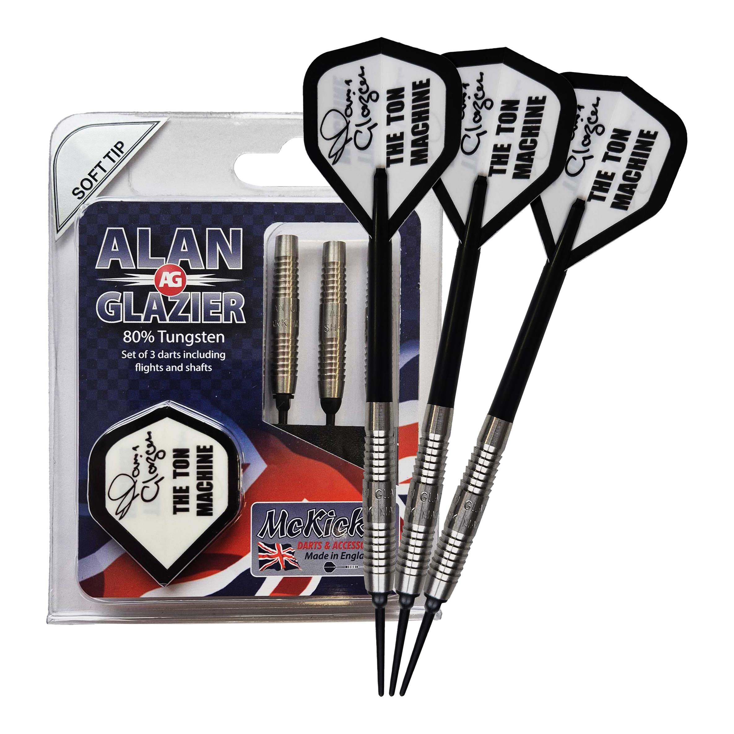 McKicks Alam Glazier Shark Machine Soft Darts Das Bild zeigt ein Set von drei Softdarts mit der Aufschrift "McKicks Alan Glazier Shark Machine Softdarts". Die Verpackung hebt hervor, dass die Darts zu 80% aus Tungsten bestehen und "The Ton Machine" Flügel besitzen.