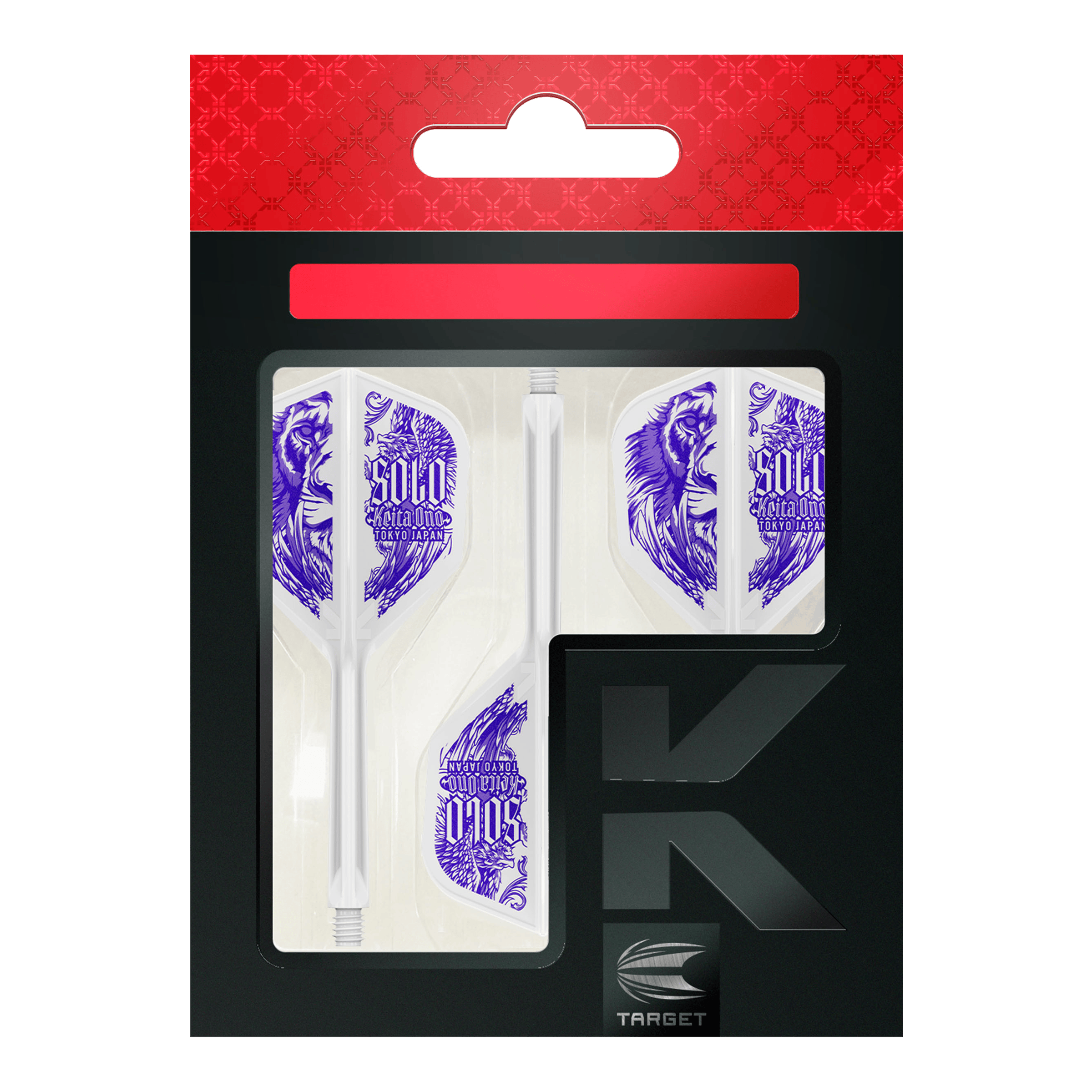 Target Japan K-Flex Keita Ono Solo No6 Flight-Shaft-System Die Abbildung zeigt das Produkt „Target Japan K-Flex Keita Ono Solo No6 Flight-Shaft-System“. In der Verpackung sind weiße Dart-Flights mit violettem Löwenmotiv und Beschriftung zu sehen.