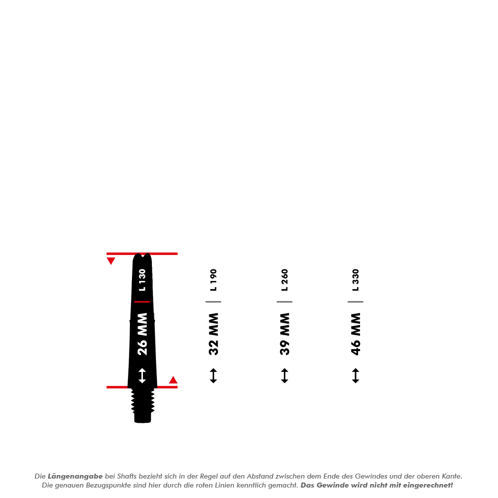 L-L-Style-Shafts Locked Straight - Clear Black Das Bild zeigt vier verschiedene Längen von Dartshafts mit den Abmessungen 26 mm, 32 mm, 39 mm und 46 mm. Die rote Linie markiert, dass die Längenangabe ohne das Gewinde gemessen wird.
