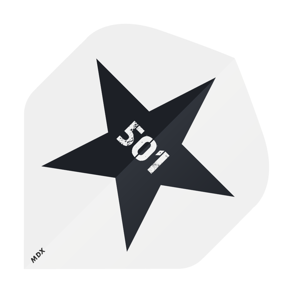 MD-401-4SLog_4-seitig_Bedruckte_Flights_Logo_MDX_3 Das Bild zeigt einen schwarzen Stern auf weißem Hintergrund mit der Zahl "501" in der Mitte. In der unteren linken Ecke steht klein der Schriftzug "MDX".