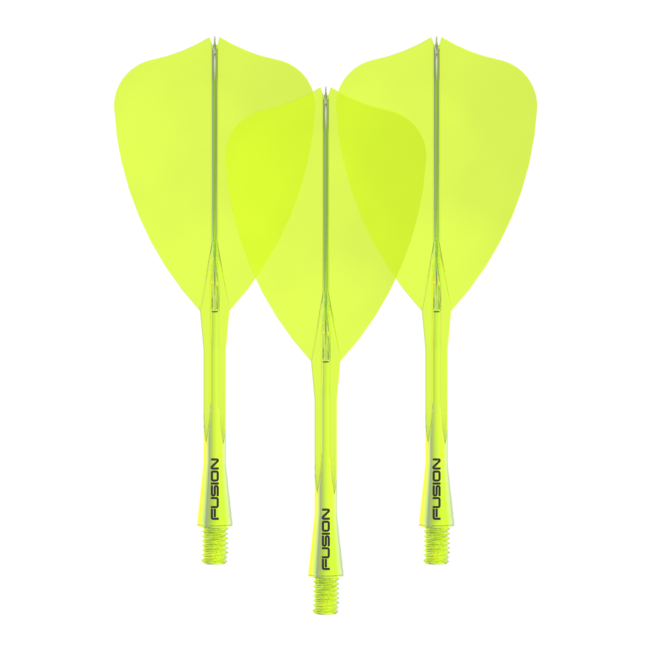 Das Bild zeigt das Winmau Fusion Flight Shaft System Arrow Set in Neongelb mit einer Länge von 34 mm. Es handelt sich um ein Set für Dartpfeile.
