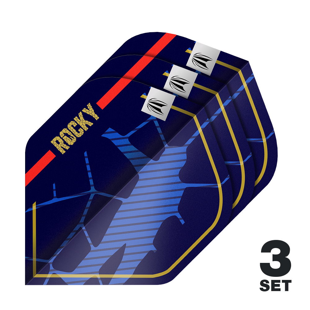 Target Pro Ultra Josh Rock GEN1 No2 Standard Flights - 3 Sets Das Bild zeigt drei Sätze dunkler Dartflights mit dem Schriftzug "ROCKY" und einem auffälligen blauen Muster. In der rechten unteren Ecke steht die Aufschrift "3 SET".