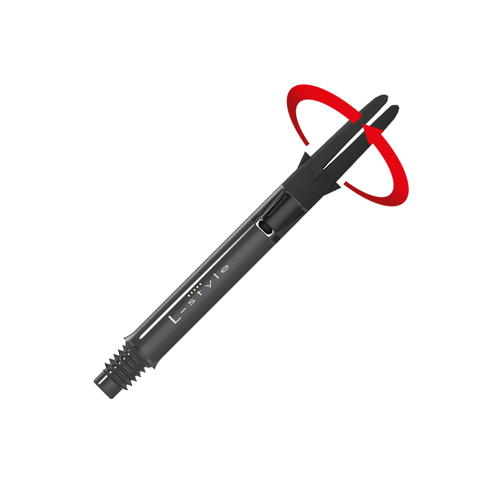 L-L-Style-Shaft Carbon Silent Straight - Schwarz Das Bild zeigt einen schwarzen Dart-Schaft aus Carbon der Marke L-Style. Am oberen Ende ist ein roter, drehender Bewegungseffekt dargestellt.