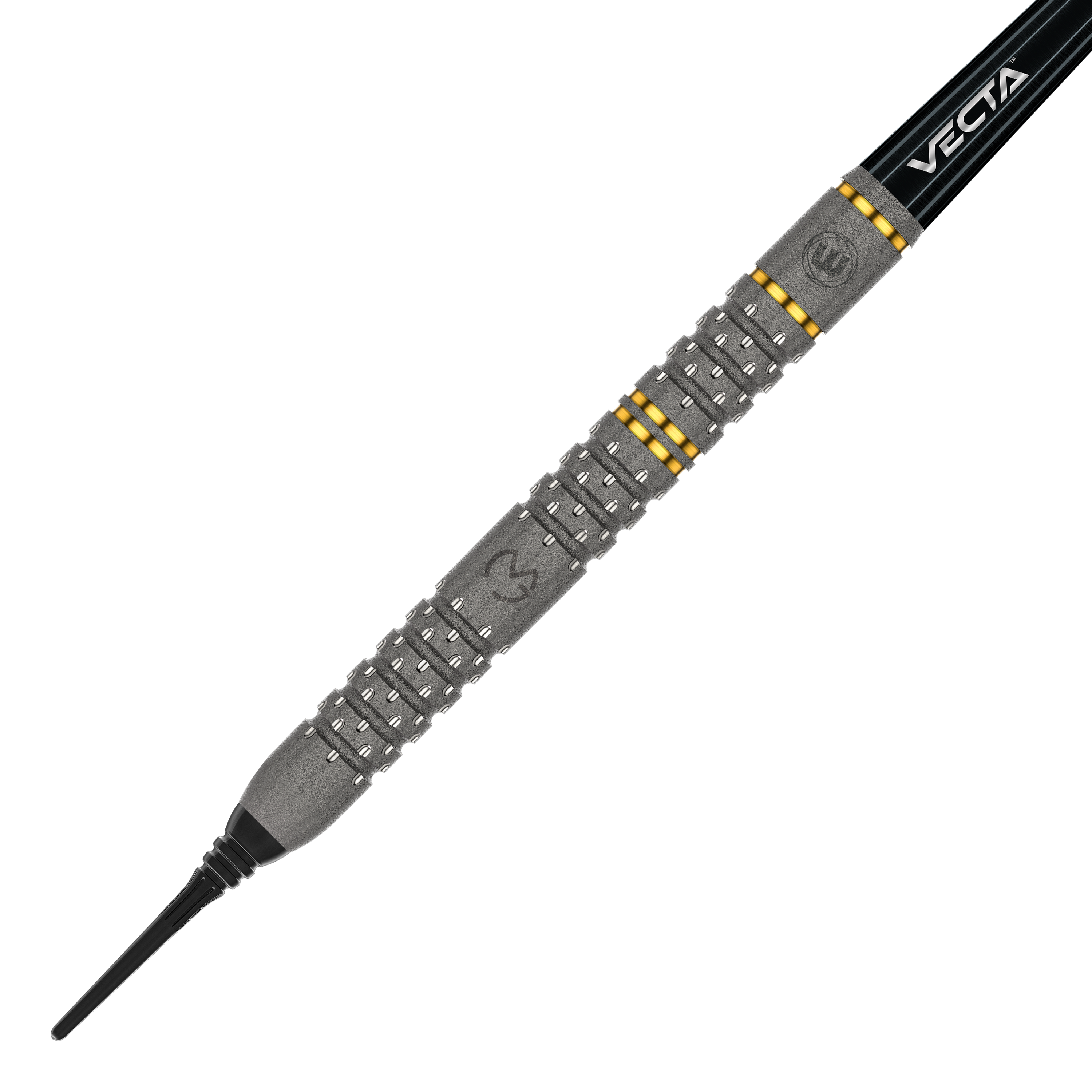 Winmau Michael Van Gerwen Evo-X soft darts - 20g Das Bild zeigt einen Winmau Michael Van Gerwen Evo-X Softdart mit einem Gewicht von 20 Gramm. Der Dart hat ein markantes Design mit silbernen und goldenen Akzenten sowie der Aufschrift "VECTA".