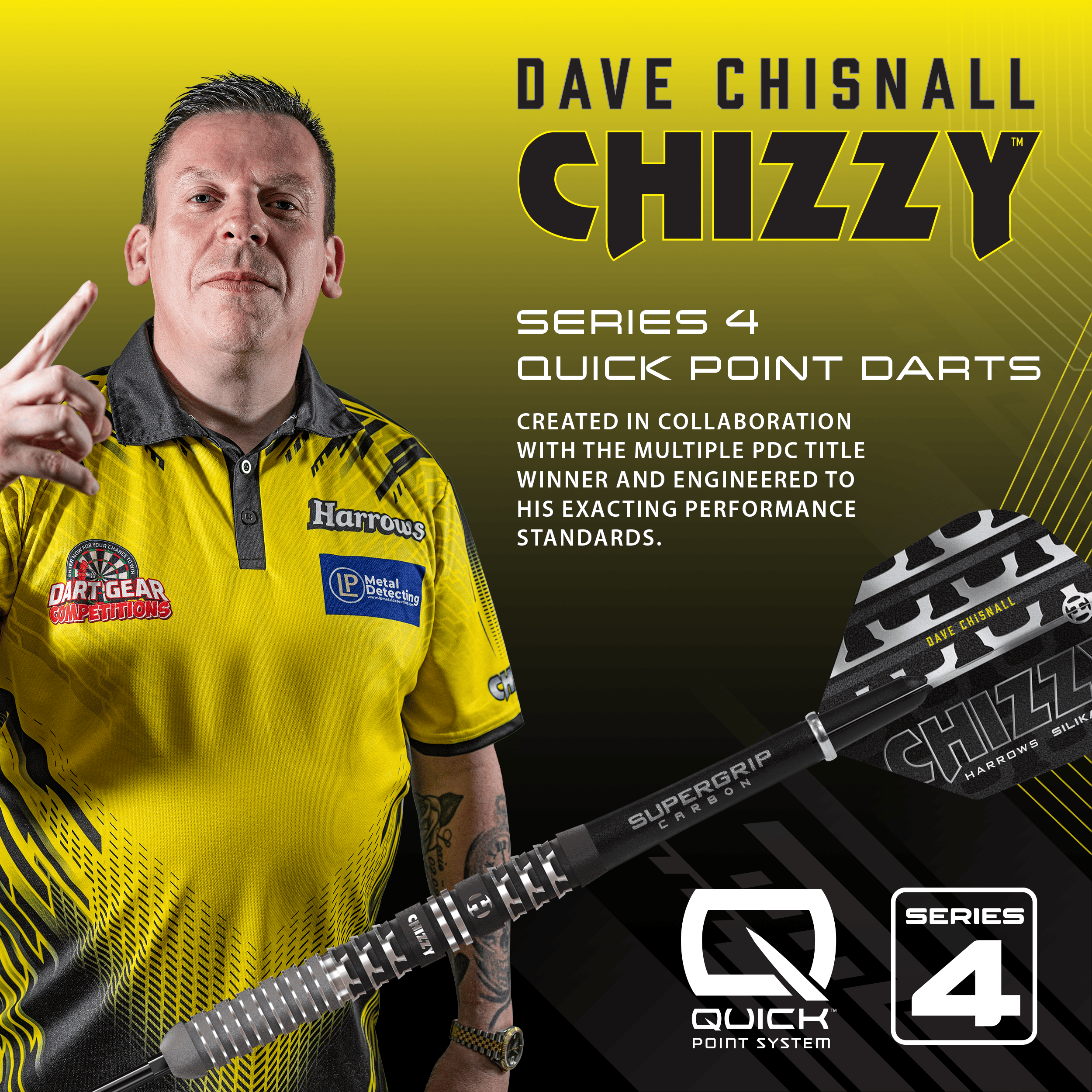 Harrow's Dave Chisnall Chizzy Series 4 soft darts Harrows Dave Chisnall Chizzy Series 4 Softdarts sind auf diesem Bild zu sehen. Das Produkt ist ein spezieller Softdart für Dartspieler.