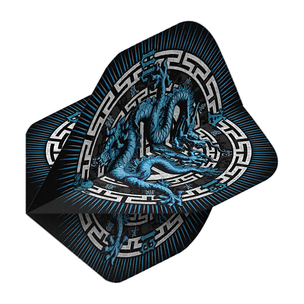 Alchemy Year Of The Dragon No2 Standard Flights Dieses Bild zeigt die "Alchemy Year Of The Dragon No2 Standard Flights". Auf den Flights ist ein blauer Drache mit asiatischem Muster auf schwarzem Hintergrund abgebildet.