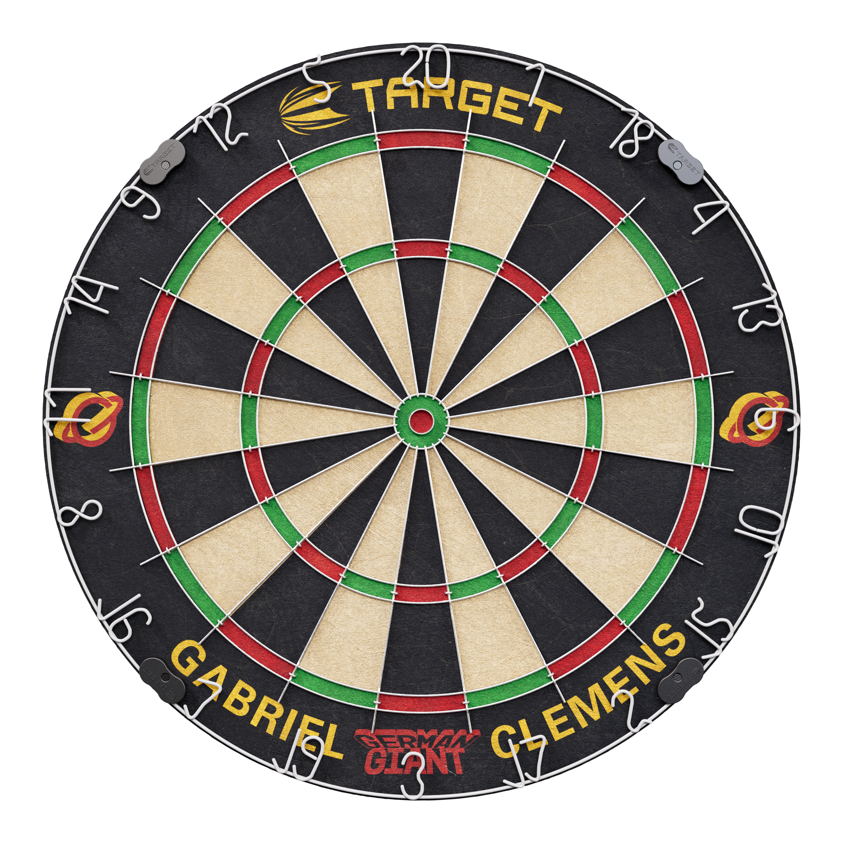Target Gabriel Clemens steel dartboard set Dies ist eine Steeldartscheibe mit dem Namen "Target Gabriel Clemens Steeldartboard Set". Auf der unteren Seite sind die Wörter "Gabriel Clemens" und "German Giant" zu sehen.