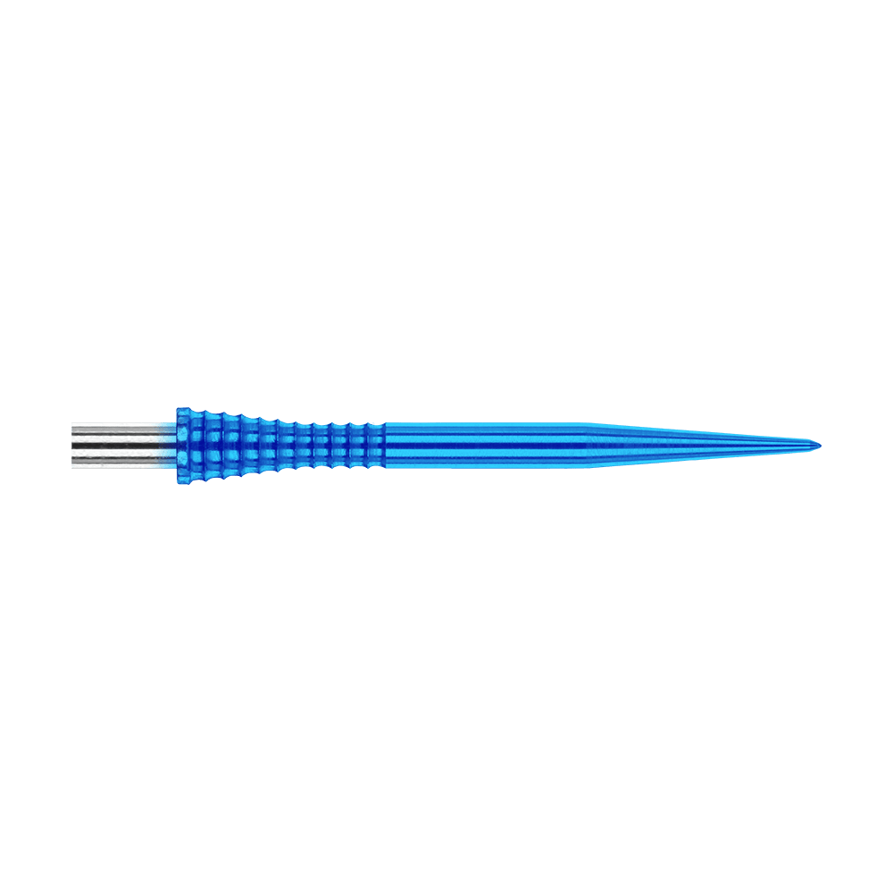 Das Bild zeigt eine blaue Dartspitze mit griffiger Struktur aus Metall. Es handelt sich um das Produkt "Red Dragon Raptor Gripped Blue Steeldartspitzen 30mm".