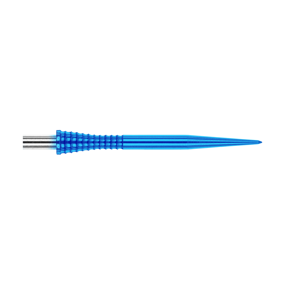 Red Dragon Raptor Gripped Blue steel dart tips 30mm Das Bild zeigt eine blaue Dartspitze mit griffiger Struktur aus Metall. Es handelt sich um das Produkt "Red Dragon Raptor Gripped Blue Steeldartspitzen 30mm".