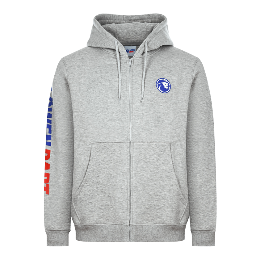 Hier ist der Löwen Kollektion Zip-Hoodie abgebildet. Der Hoodie hat einen Reißverschluss und gehört zur Löwen Kollektion.