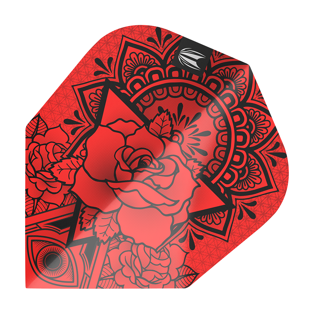 TG482_335420_Target_ProUltra_Ink_Red_No6_Flights_1 Das Bild zeigt das Produkt "Target ProUltra Ink Red No6 Flights". Es ist in leuchtendem Rot gehalten und mit schwarzen Mustern sowie einer großen Rose verziert.