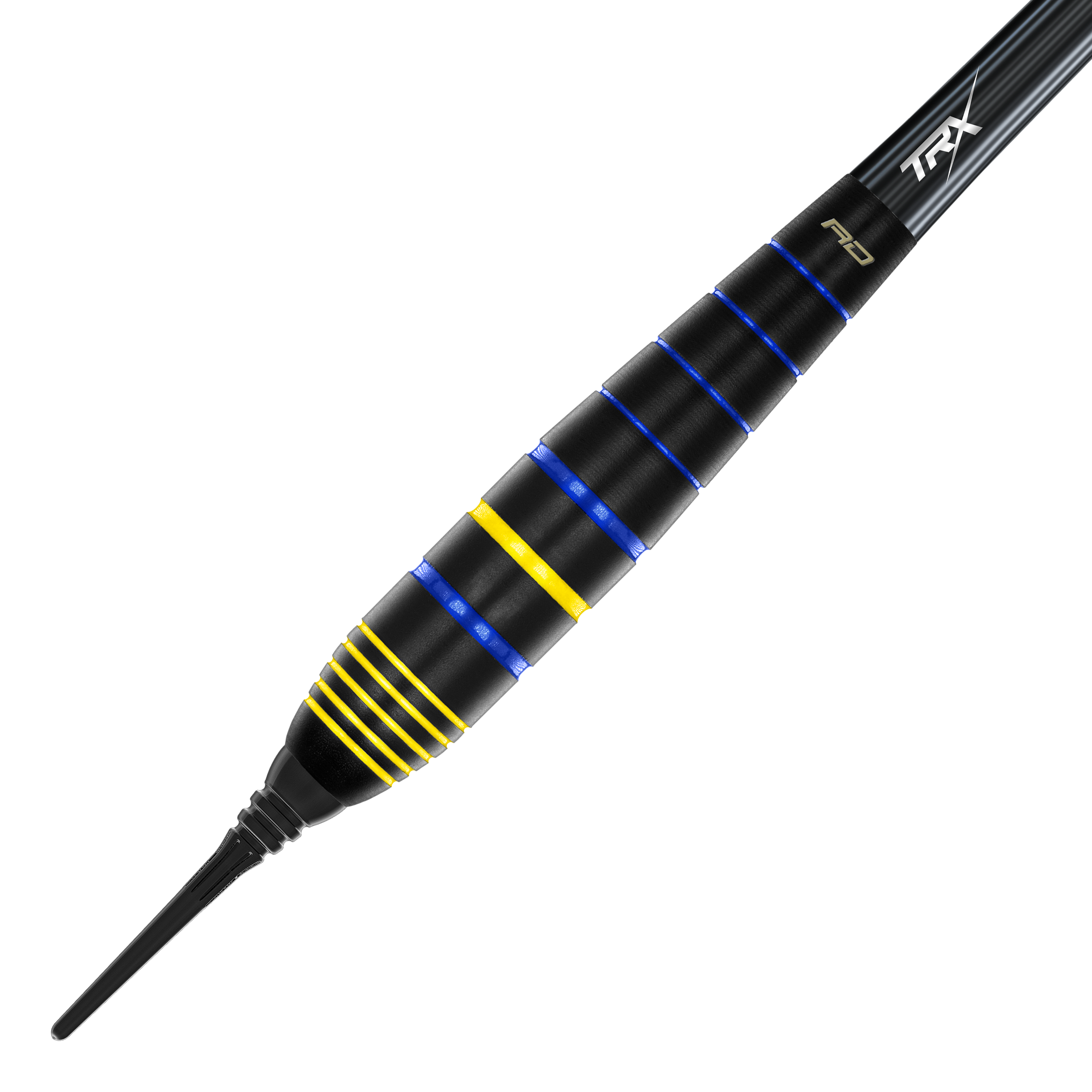 Das Bild zeigt den Red Dragon Luke Humphries World Champion Brass Softdart mit einem Gewicht von 20g. Der Dart ist schwarz mit blauen und gelben Rillen verziert.