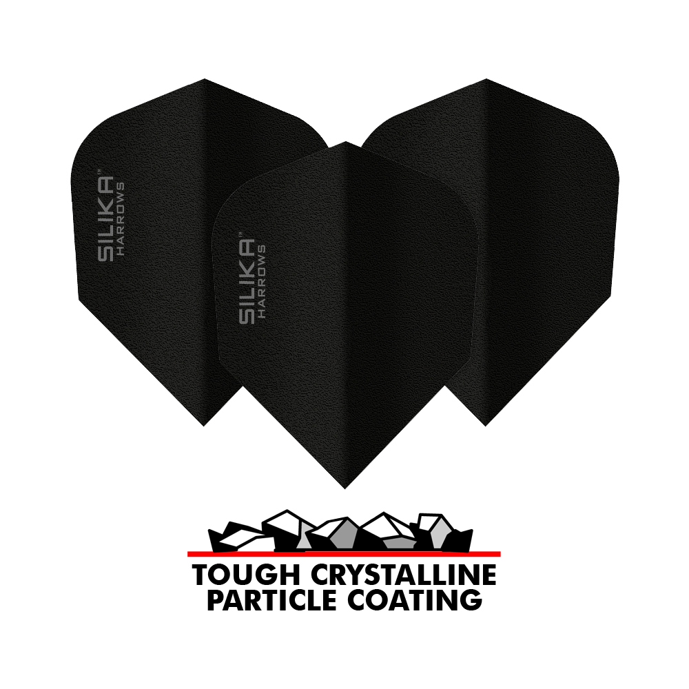Harrows Silica Solid Tough Crystalline Coating Black No6 Flight Das Bild zeigt drei schwarze Dart-Flights der Marke Harrows Silika mit der Aufschrift "SILIKA HARROWS". Unter den Flights befindet sich ein Logo mit der Aufschrift "TOUGH CRYSTALLINE PARTICLE COATING".