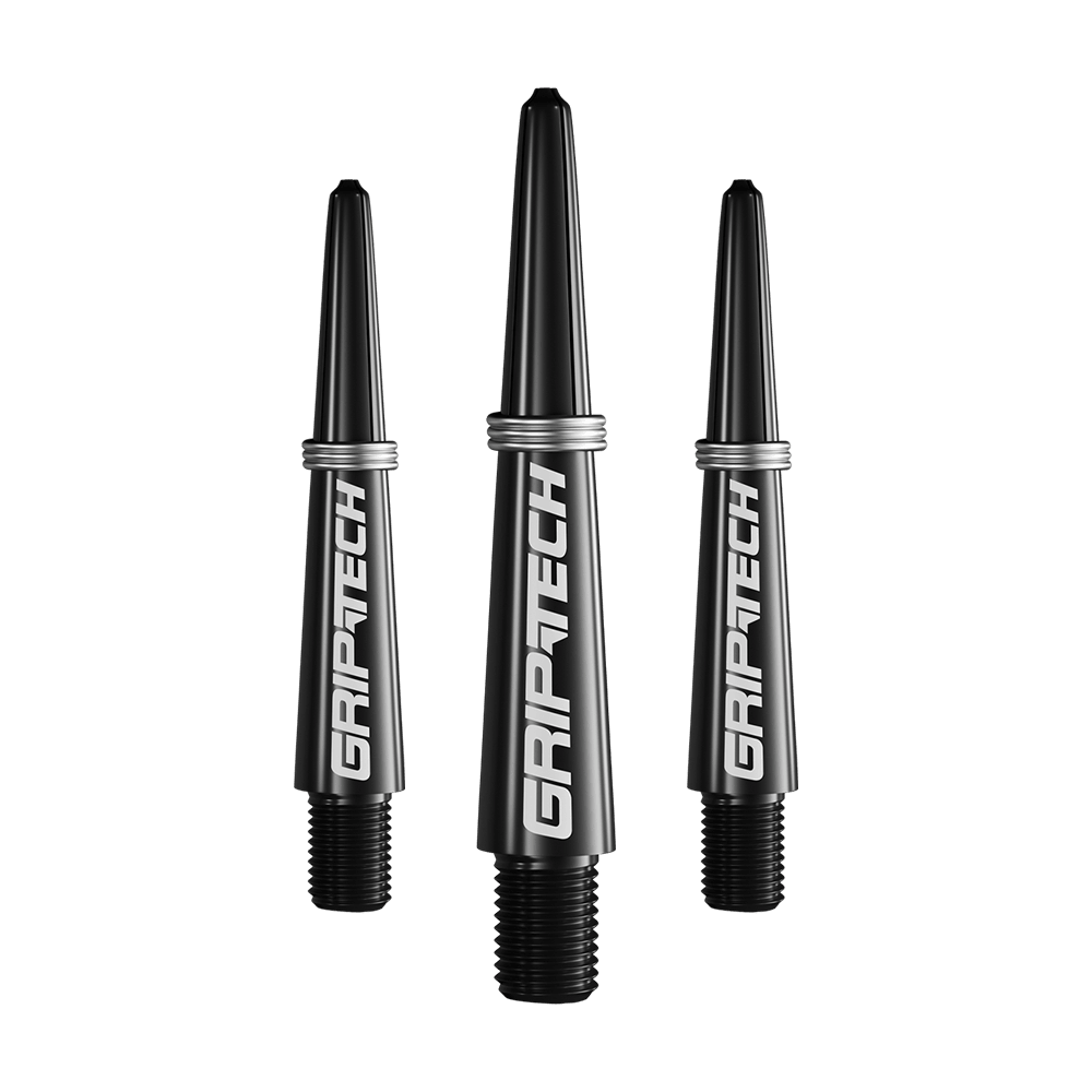 GOAT Griptech Shafts - Black Das Bild zeigt drei schwarze Dartschäfte mit der Aufschrift „GRIPTECH“. Sie sind in einer Reihe angeordnet und haben silberne Ringe am oberen Ende.