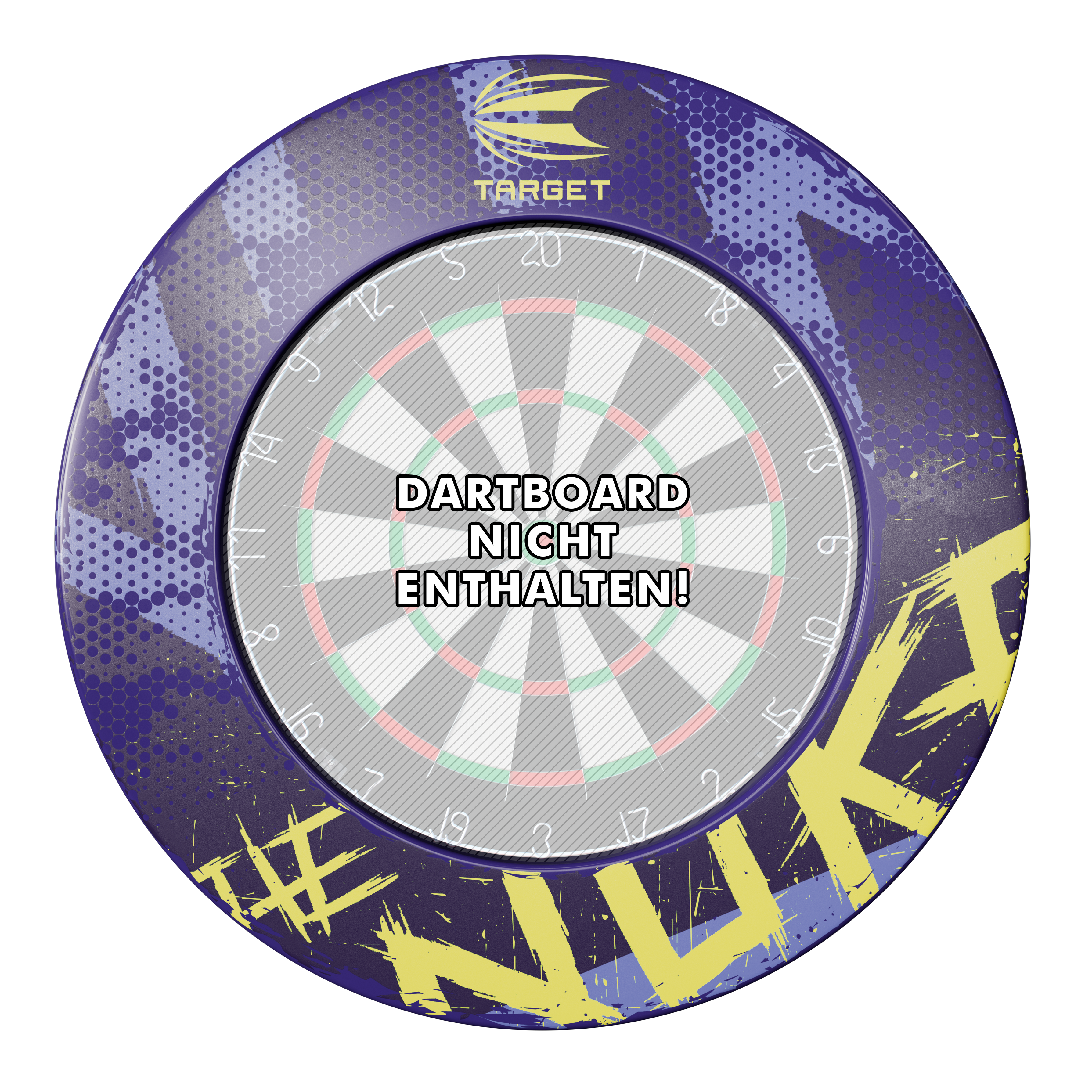 Target Luke Littler The Nuke Dartboard Surround Das Bild zeigt das Produkt "Target Luke Littler The Nuke Dartboard Surround" in buntem Design. In der Mitte steht der Hinweis "Dartboard nicht enthalten!"