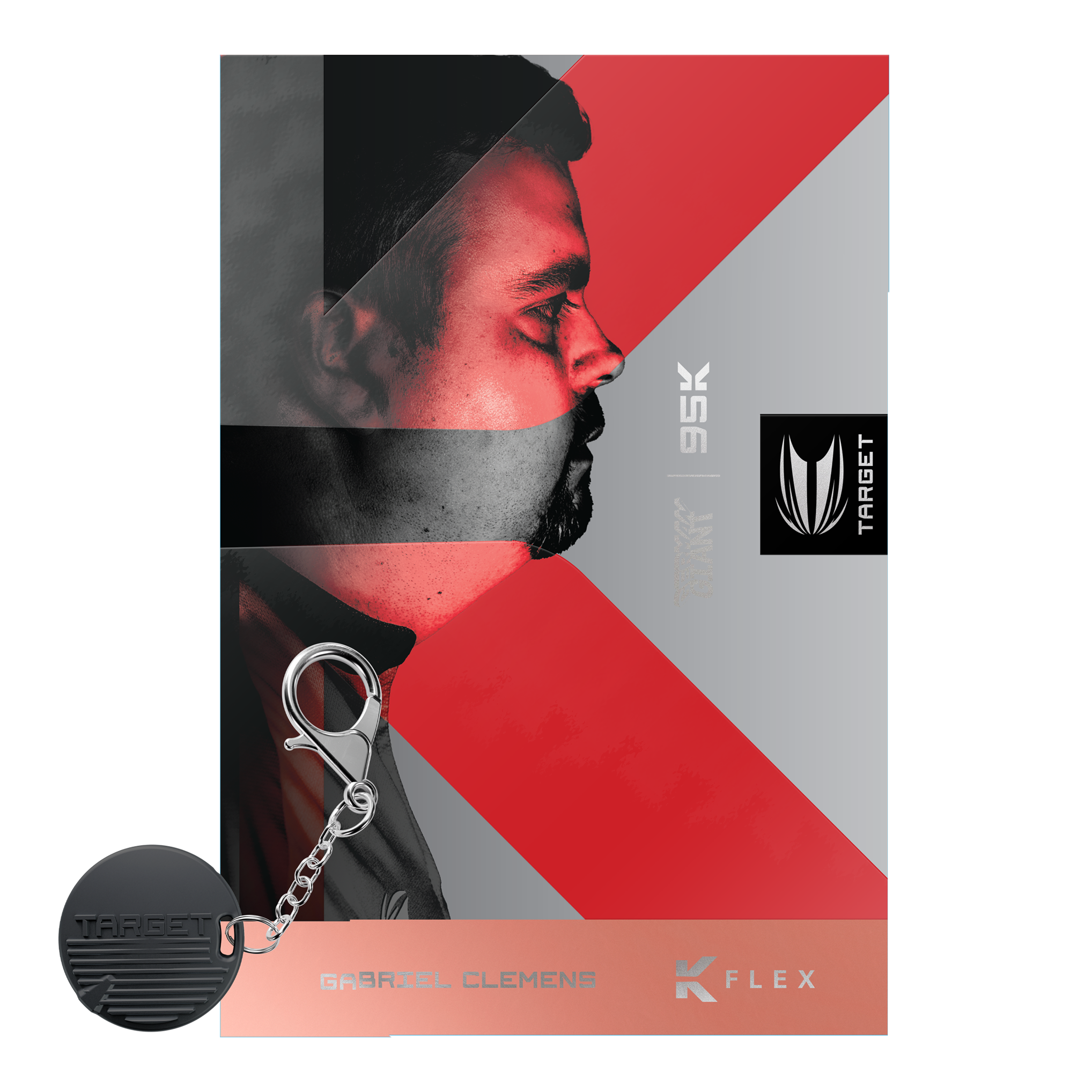 Das Bild zeigt das Profil eines Mannes mit einem roten und grauen Hintergrunddesign. Unten links ist ein Schlüsselanhänger mit dem Schriftzug "TARGET" abgebildet.
