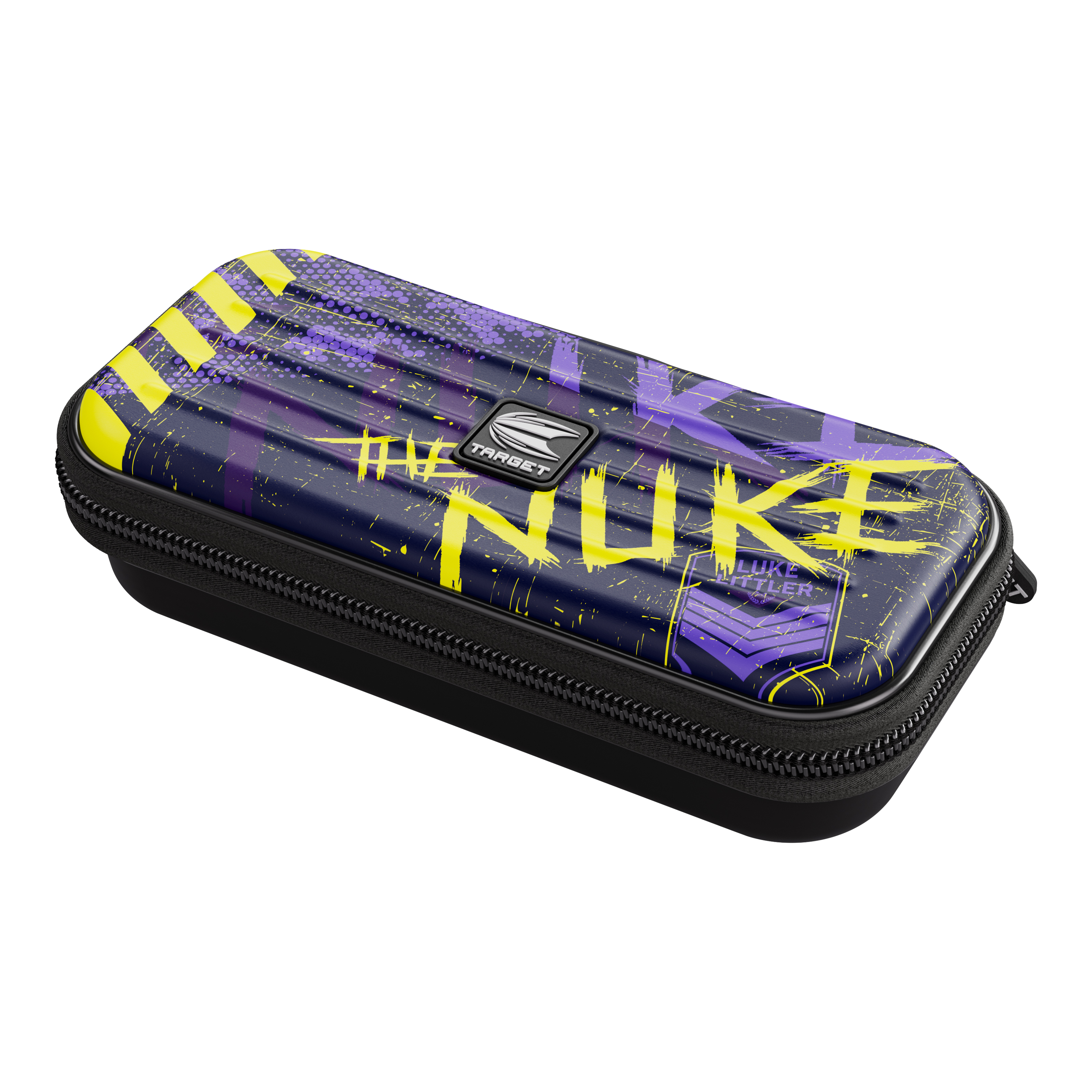 Target Takoma Luke Littler dart case Das Bild zeigt das Dartcase "Target Takoma Luke Littler" in dunklem Design mit gelben und violetten Akzenten. Auf dem Etui steht auffällig das Wort "NUKE" sowie der Name "Luke Littler".