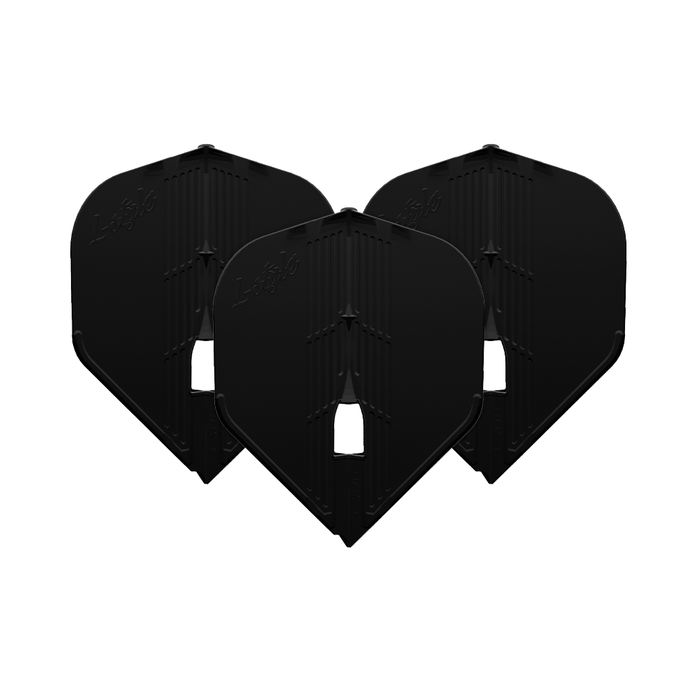 L-Style KAMI L1PRO Flights Auf dem Bild sind drei schwarze Dart-Flights zu sehen. Sie haben eine stabile, strukturierte Oberfläche und die Form ist standardisiert.