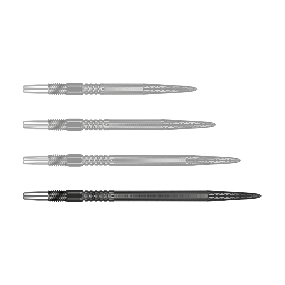 Target Swiss Point DX dart tips - Black Auf dem Bild sind vier schwarze Dartspitzen in einer Reihe zu sehen. Die Spitzen haben ein silbernes Ende und ein fein strukturiertes, geriffeltes Design.