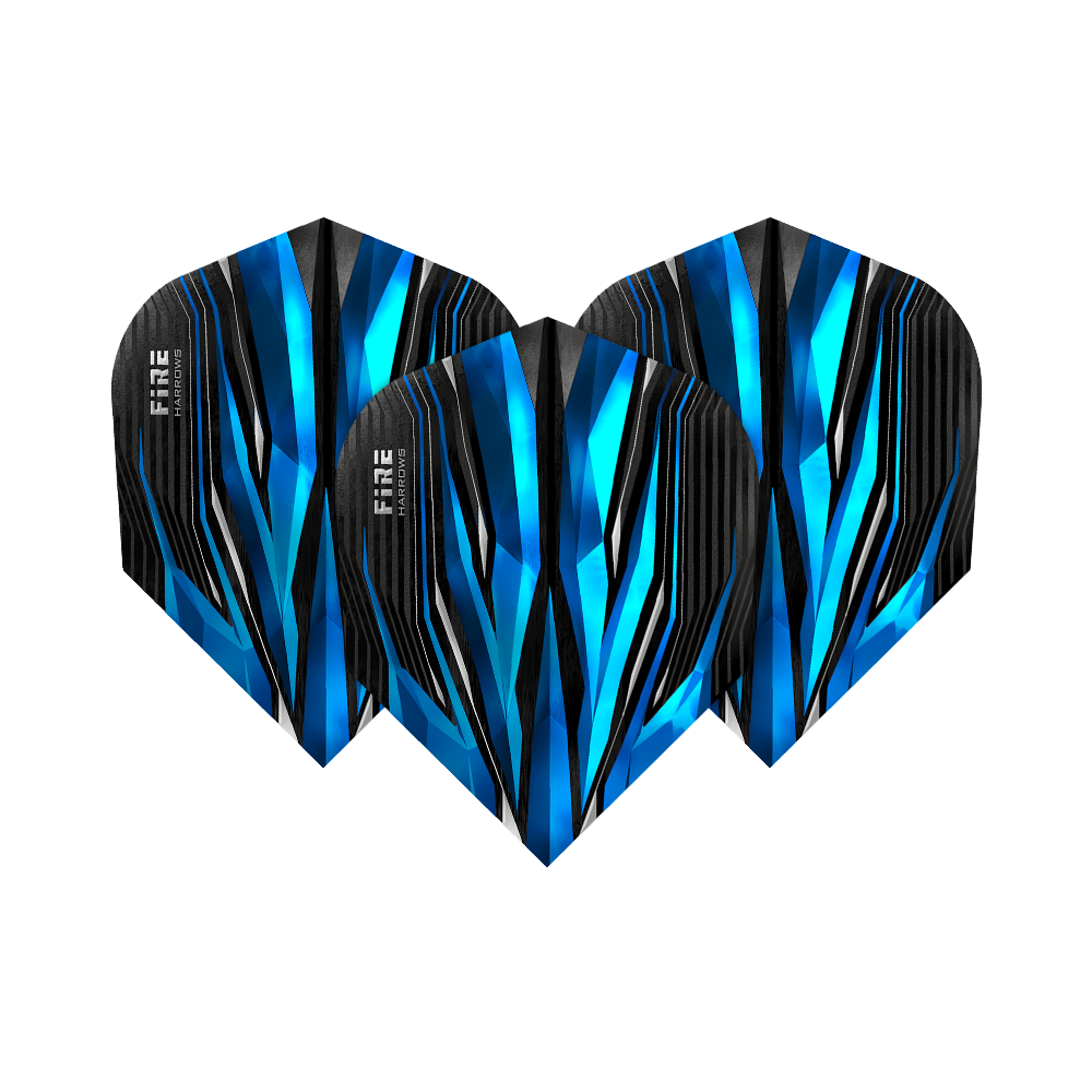 HR4_Harrows_Fire_Blue_Standard_Flights_1SZV9s7VZ9PrL2 Das Bild zeigt drei Dartflights des Modells "Harrows Fire Blue Standard". Sie haben ein auffälliges blau-schwarzes Design mit weißen und hellblauen Akzenten.