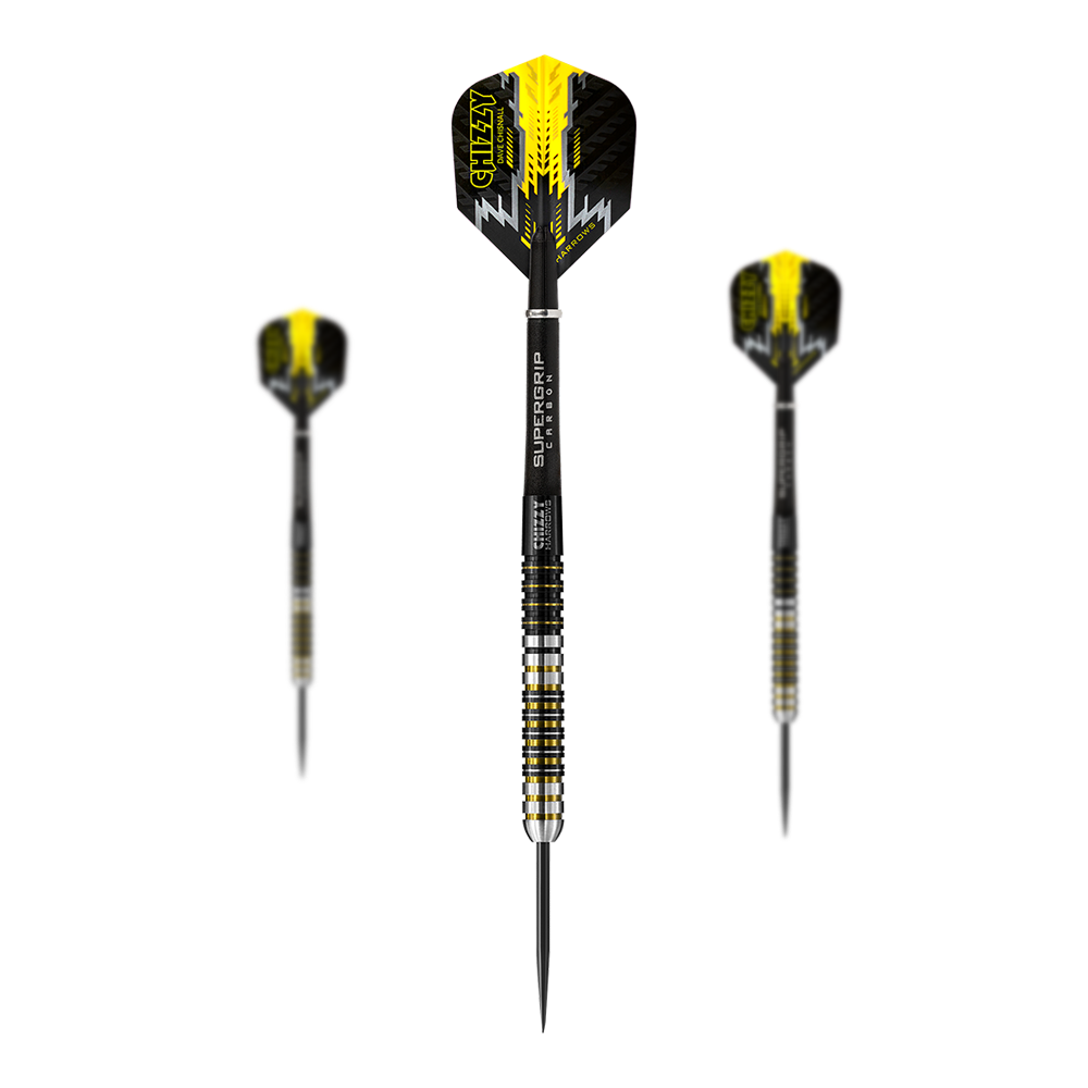 Harrow's Dave Chisnall Chizzy steel darts Das Bild zeigt drei Steeldarts des Modells "Harrows Dave Chisnall Chizzy". Die Darts sind schwarz-gelb gestaltet und haben die Aufschrift "CHIZZY" auf den Flights.