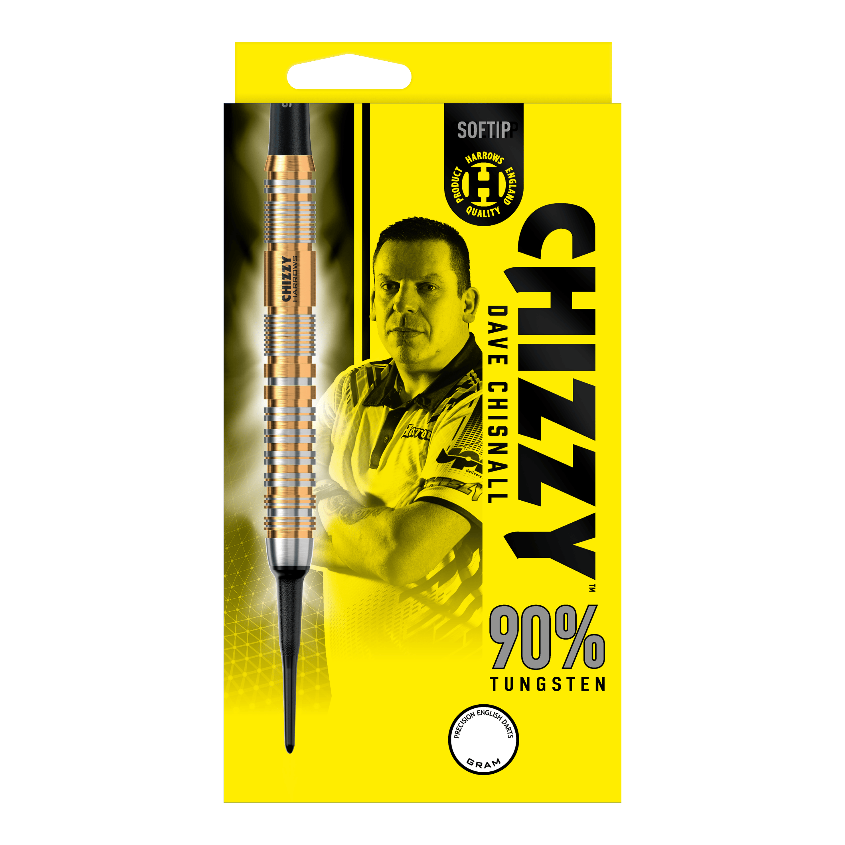Harrow's Dave Chisnall Chizzy Series 2 soft darts Die Verpackung zeigt die "Harrows Dave Chisnall Chizzy Series 2 Softdarts" mit einem Bild von Dave Chisnall. Auf der gelben Schachtel steht, dass die Darts aus 90% Tungsten bestehen.